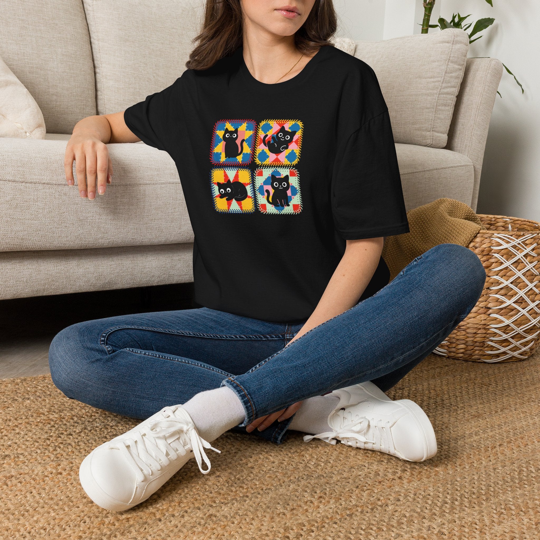 Patchwork Black Cats T-Shirt | Colorful Quilt Cat Lover Graphic Tee