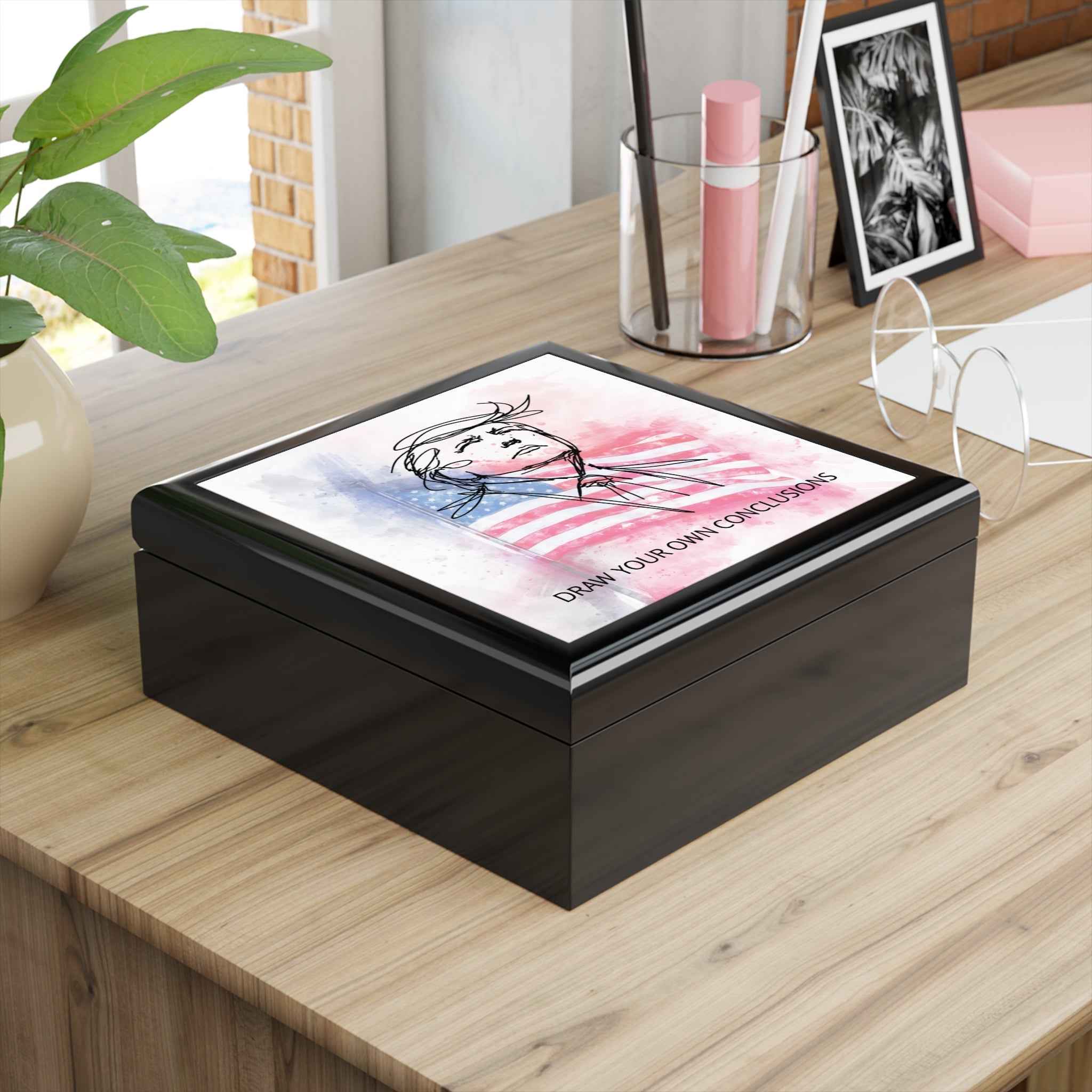Draw Your Own Conclusions Jewelry Box – Patriotic Line Art Keepsake Box