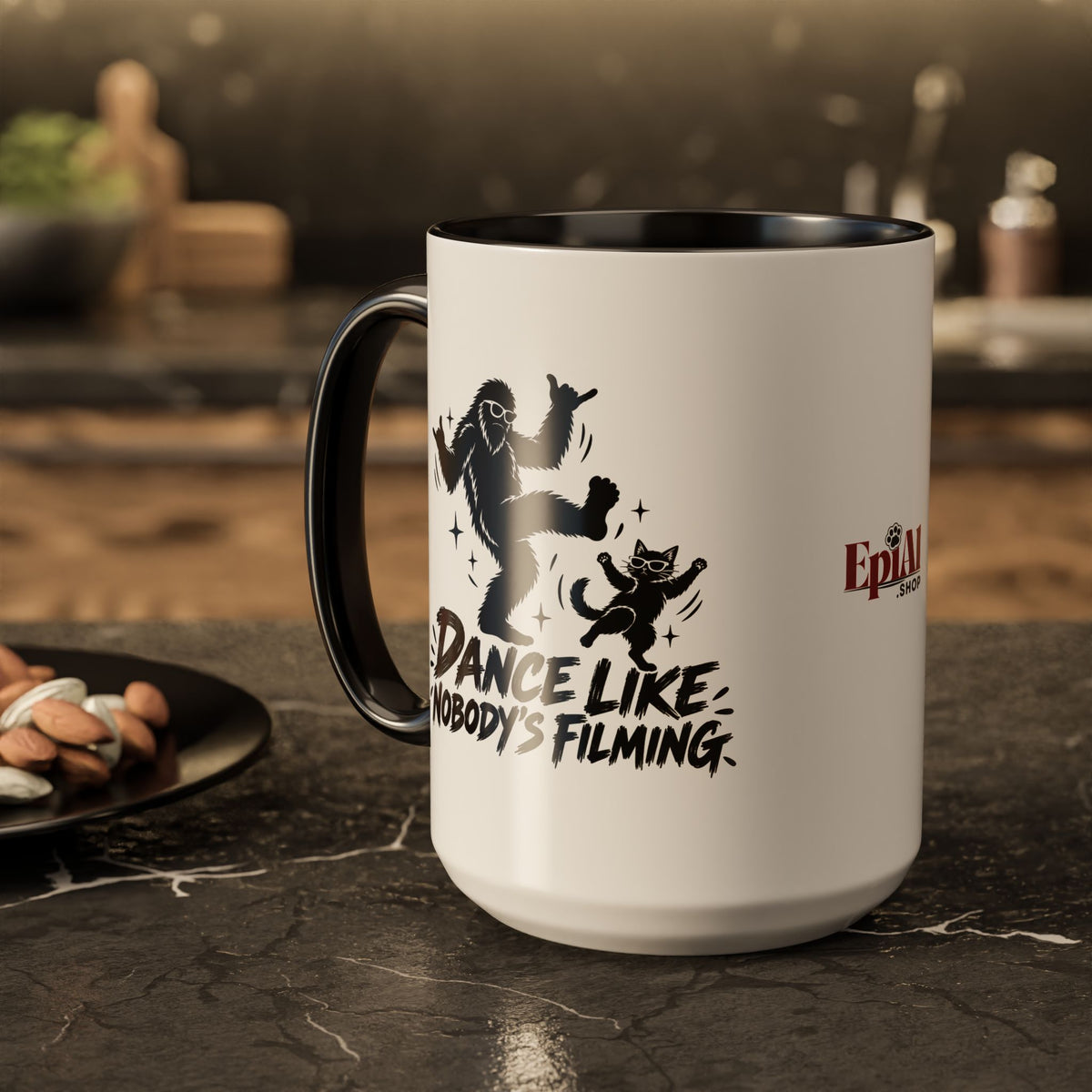 Dance Like Nobody's Filming | Funny Bigfoot & Cat Coffee Mug (11oz/15oz)