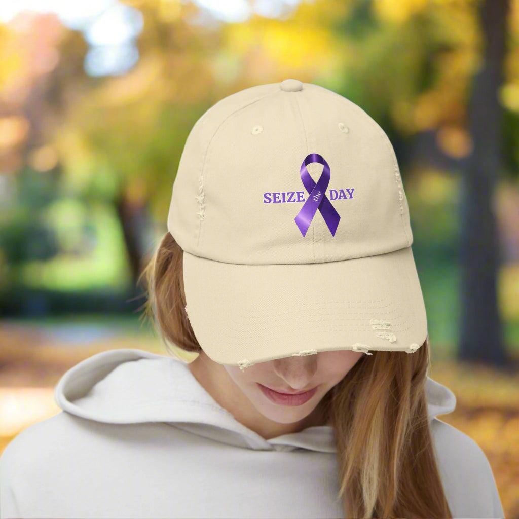 Purple Ribbon Distressed Cap