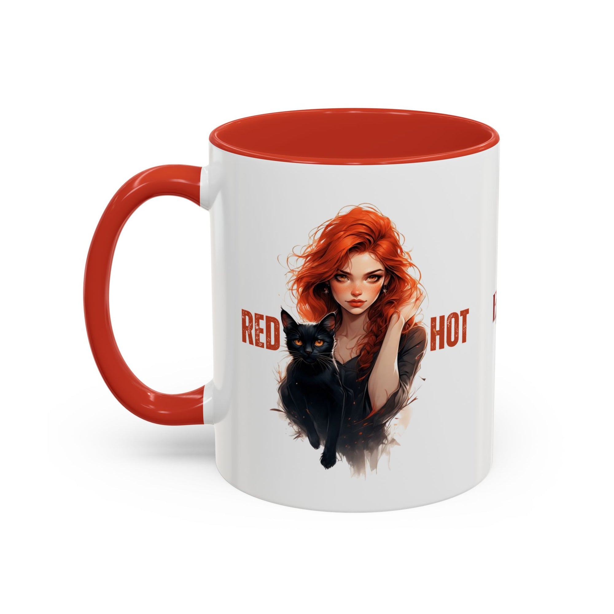 Red Hot Coffee Mug with Artistic Cat-Themed Design