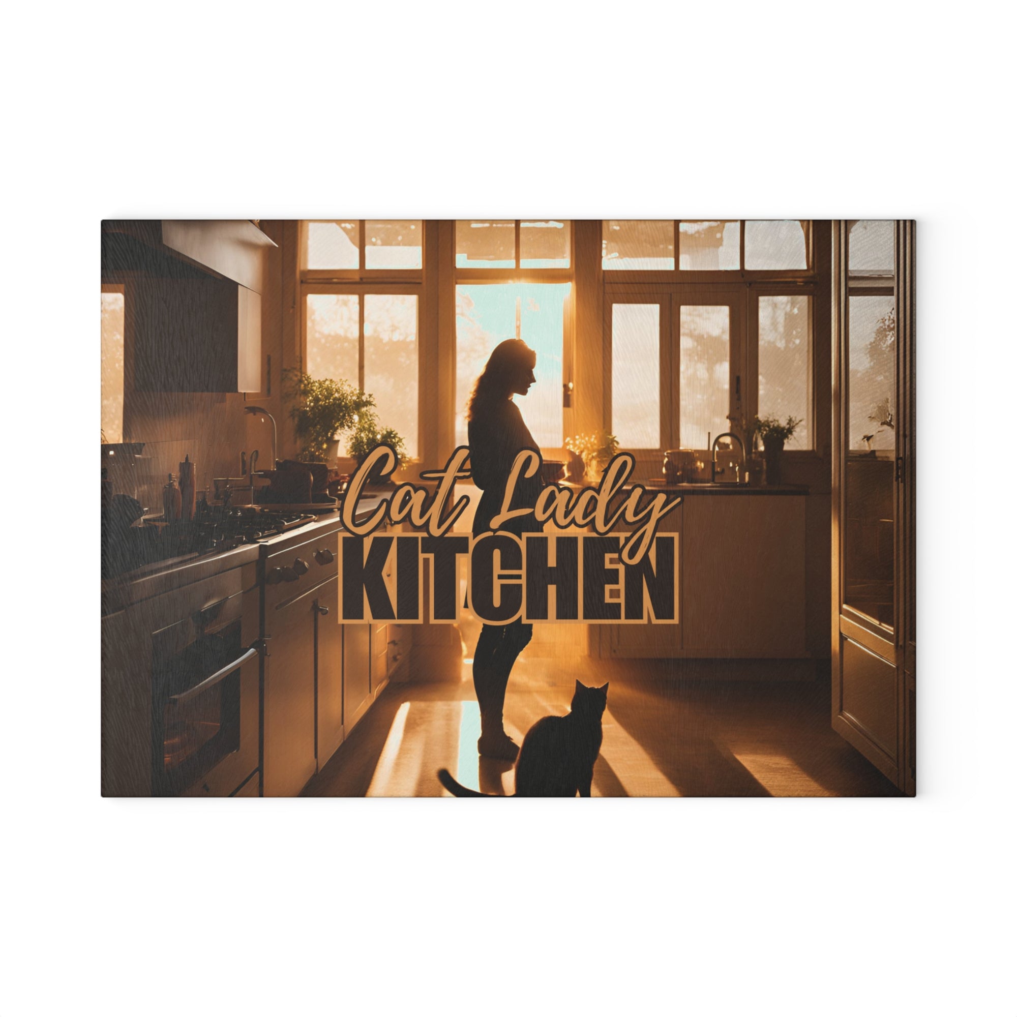Sunset Cat Lady Kitchen Glass Cutting Board
