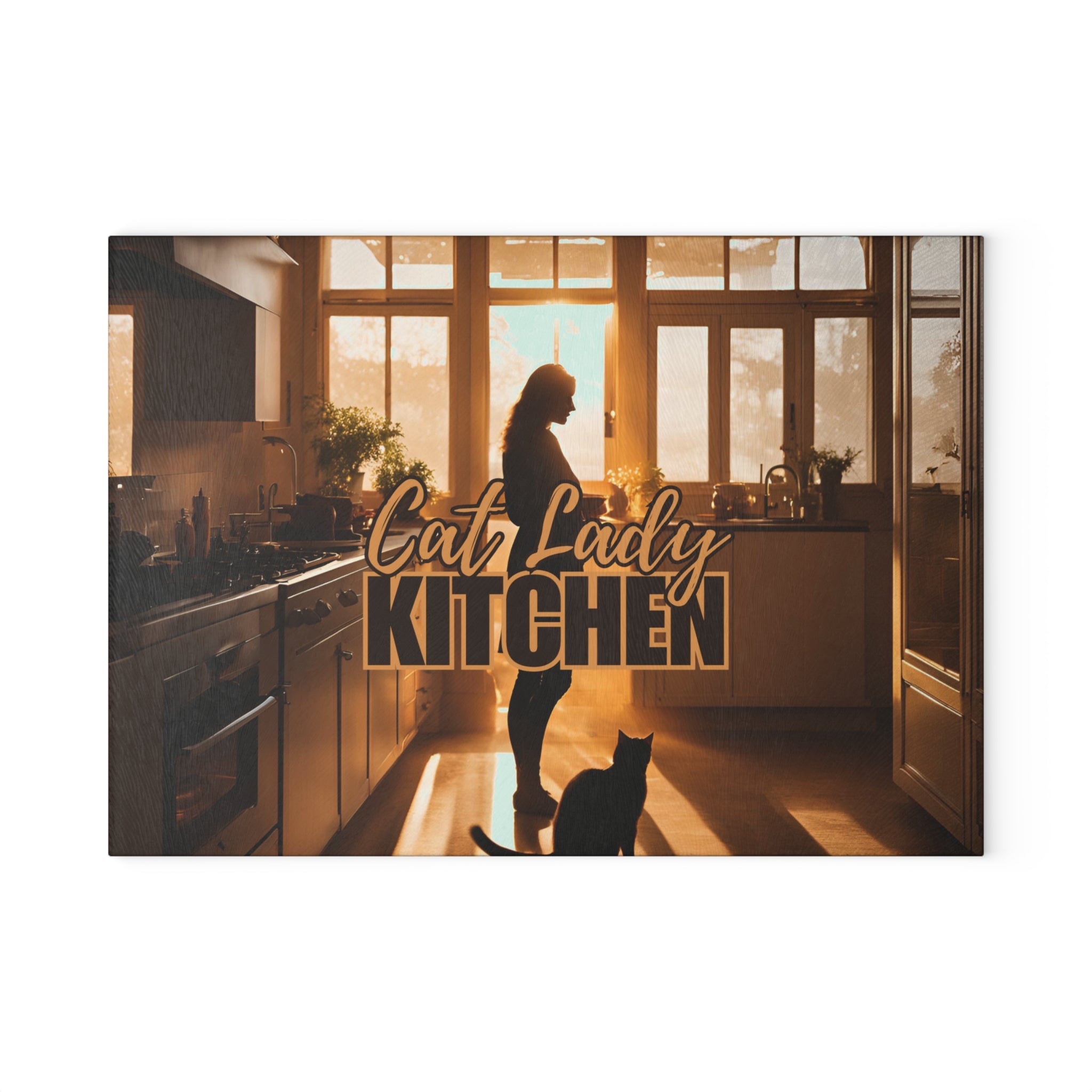 Photo depicting the ​Sunset Cat Lady Kitchen Glass Cutting Board from EpiAl's Shop.