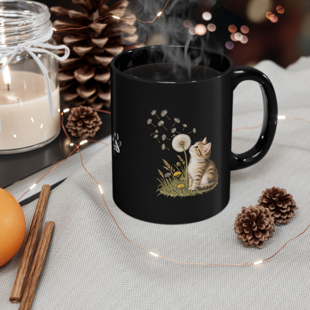 Kitten & Dandelion Black Ceramic Mug | Cat Lover Coffee Cup | 11oz & 15oz