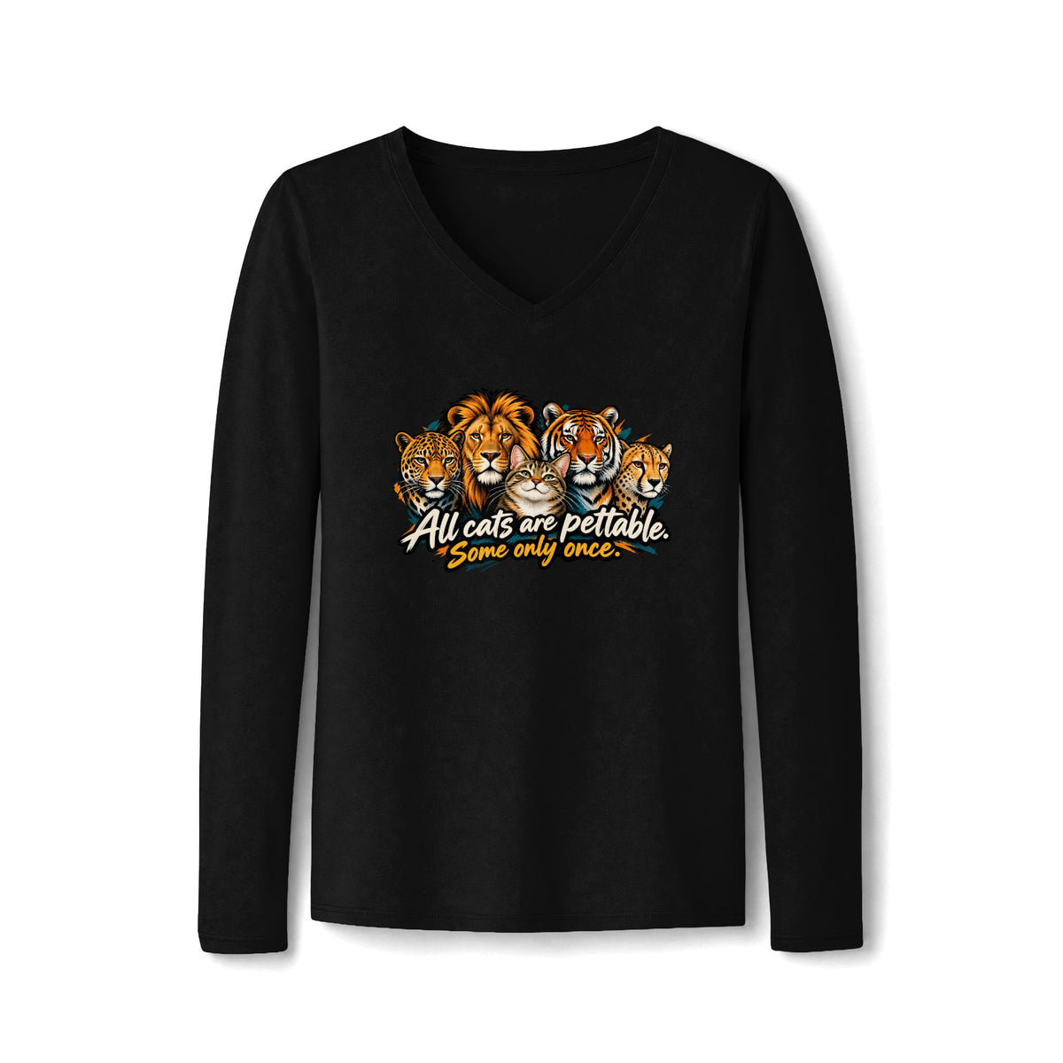 All Cats Are Pettable Long Sleeve V-Neck Shirt | Funny Cat Lover Tee