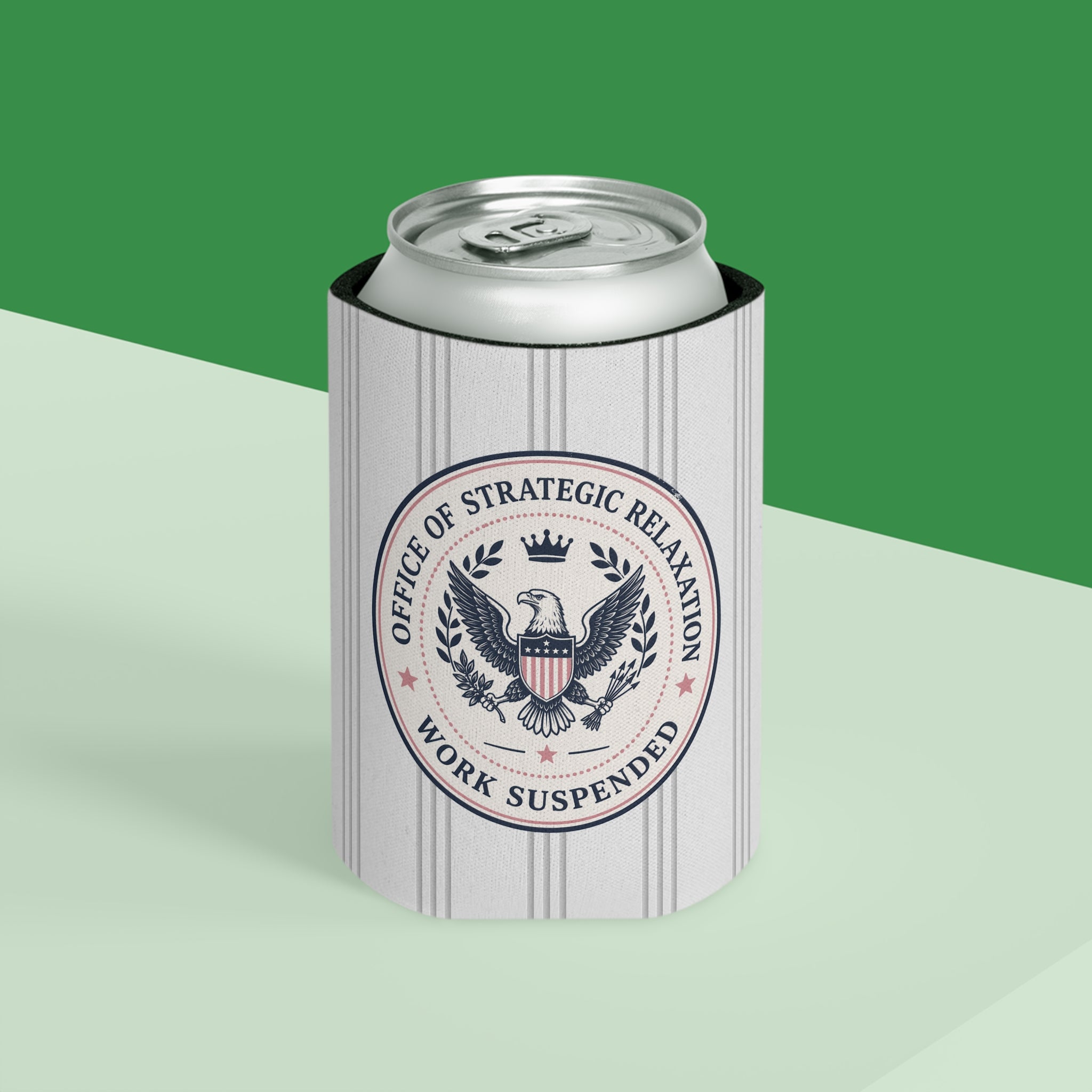 Office of Strategic Relaxation Can Cooler | Work Suspended Funny Koozie