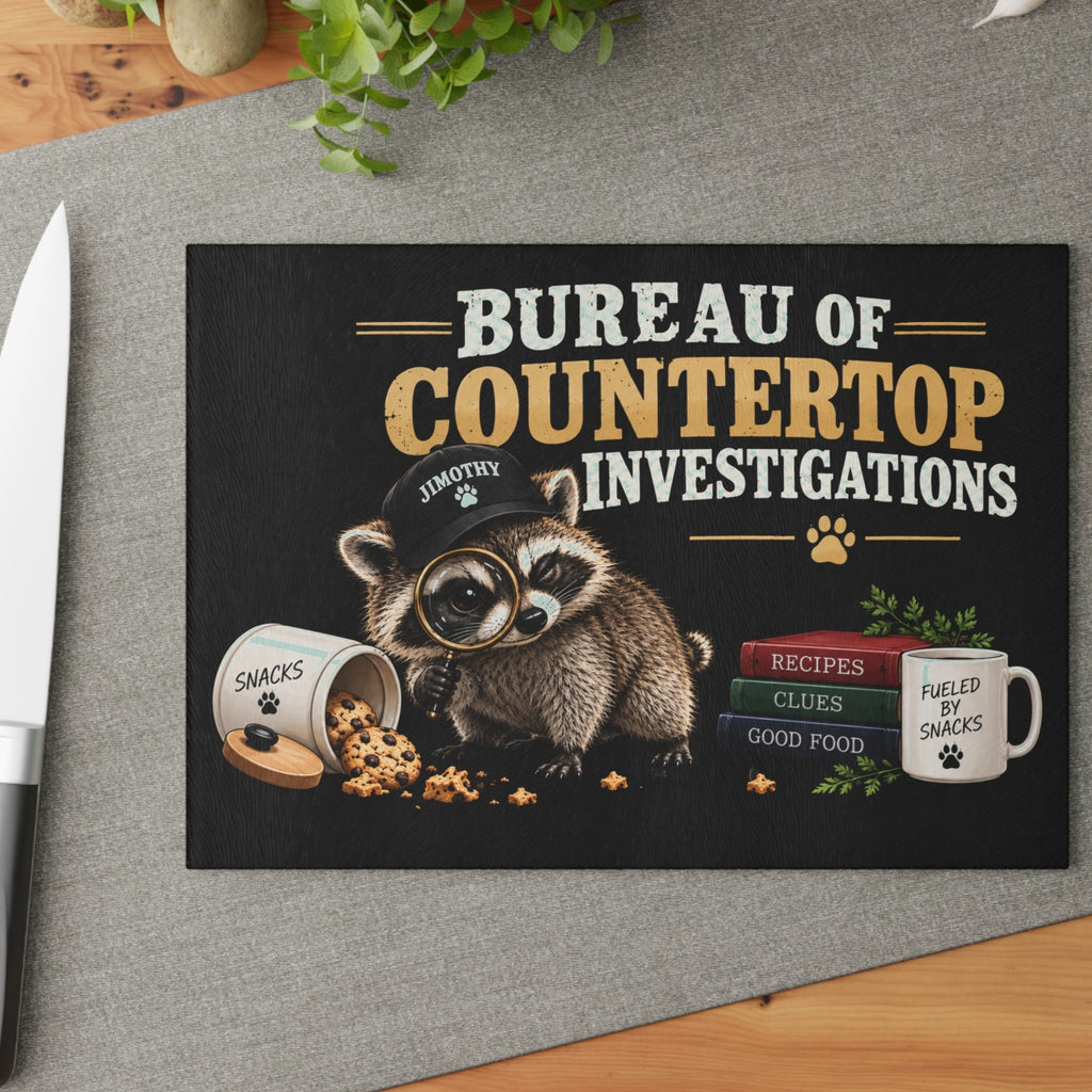 Bureau of Countertop Investigations Glass Cutting Board | Jimothy Raccoon Kitchen Decor