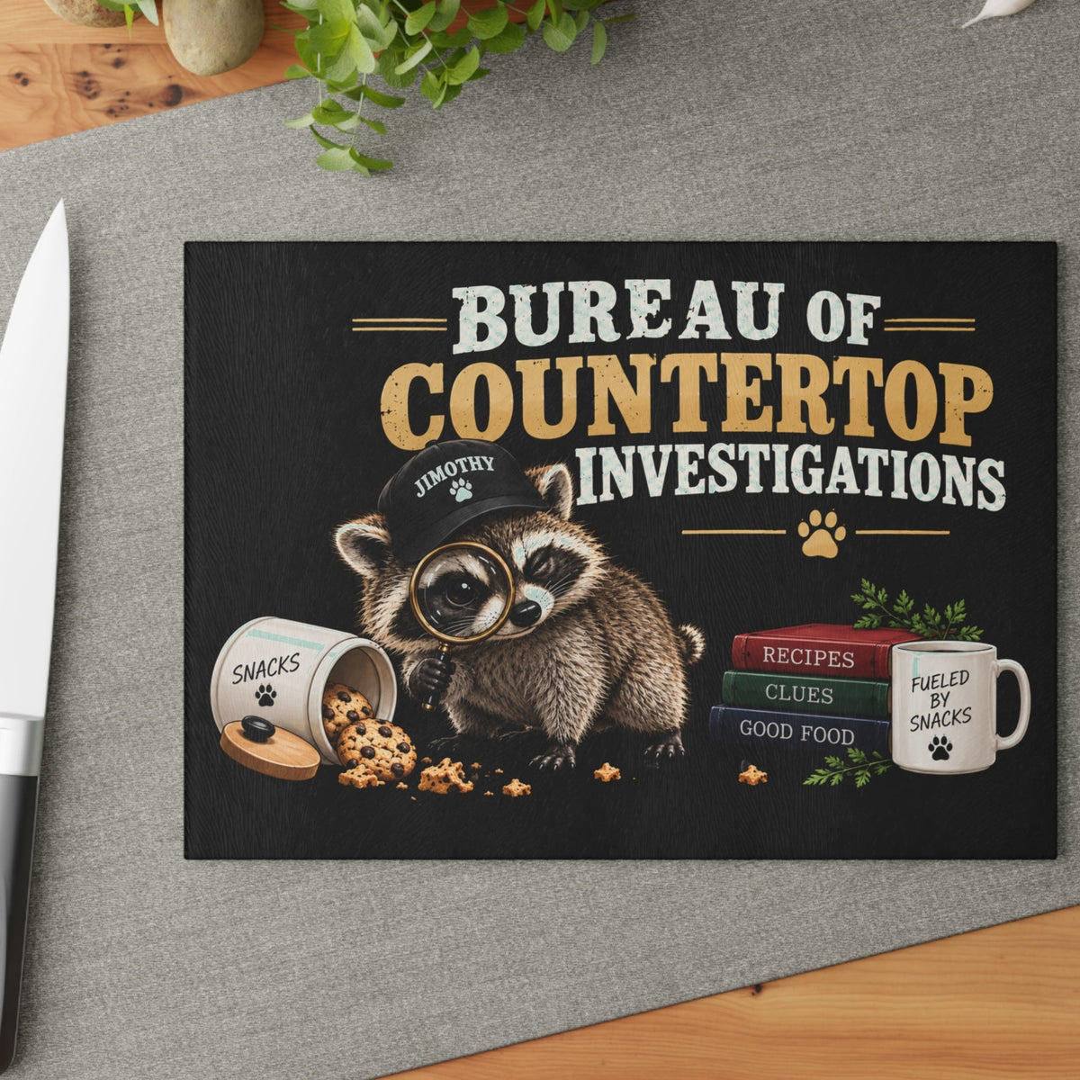 Bureau of Countertop Investigations Glass Cutting Board | Jimothy Raccoon Kitchen Decor