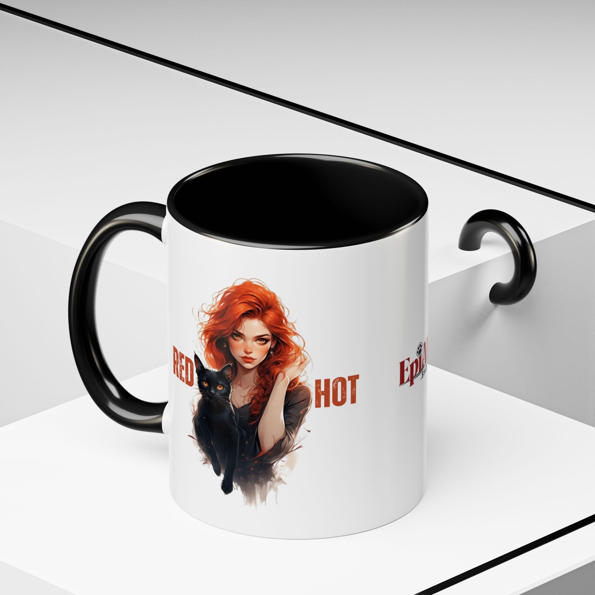 Red Hot Coffee Mug with Artistic Cat-Themed Design