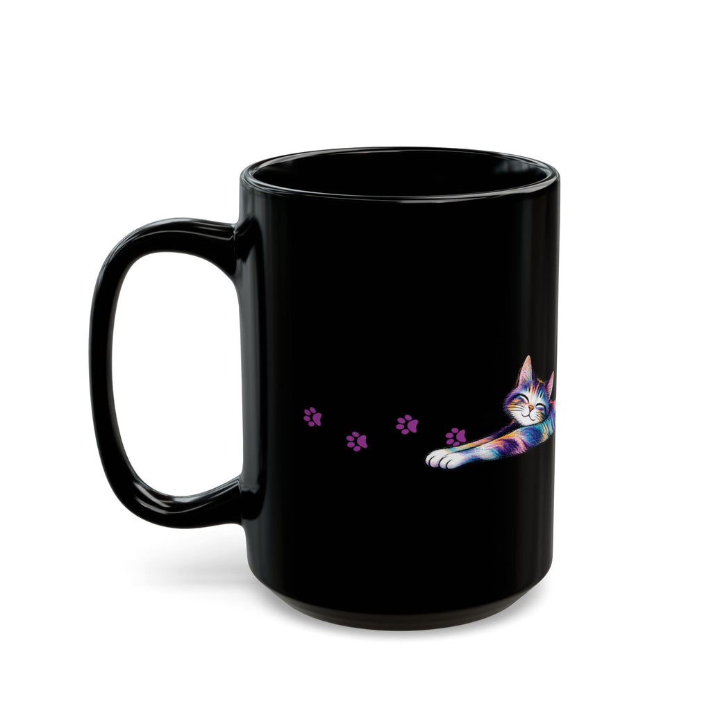 Colorful Stretching Cat Black Ceramic Mug | Whimsical Cat Lover Gift (11oz/15oz)