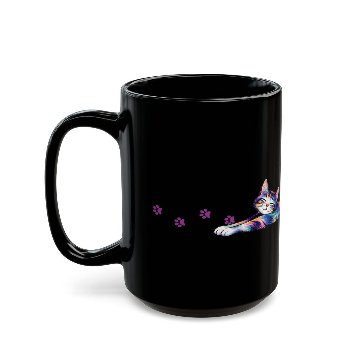 Colorful Stretching Cat Black Ceramic Mug | Whimsical Cat Lover Gift (11oz/15oz)