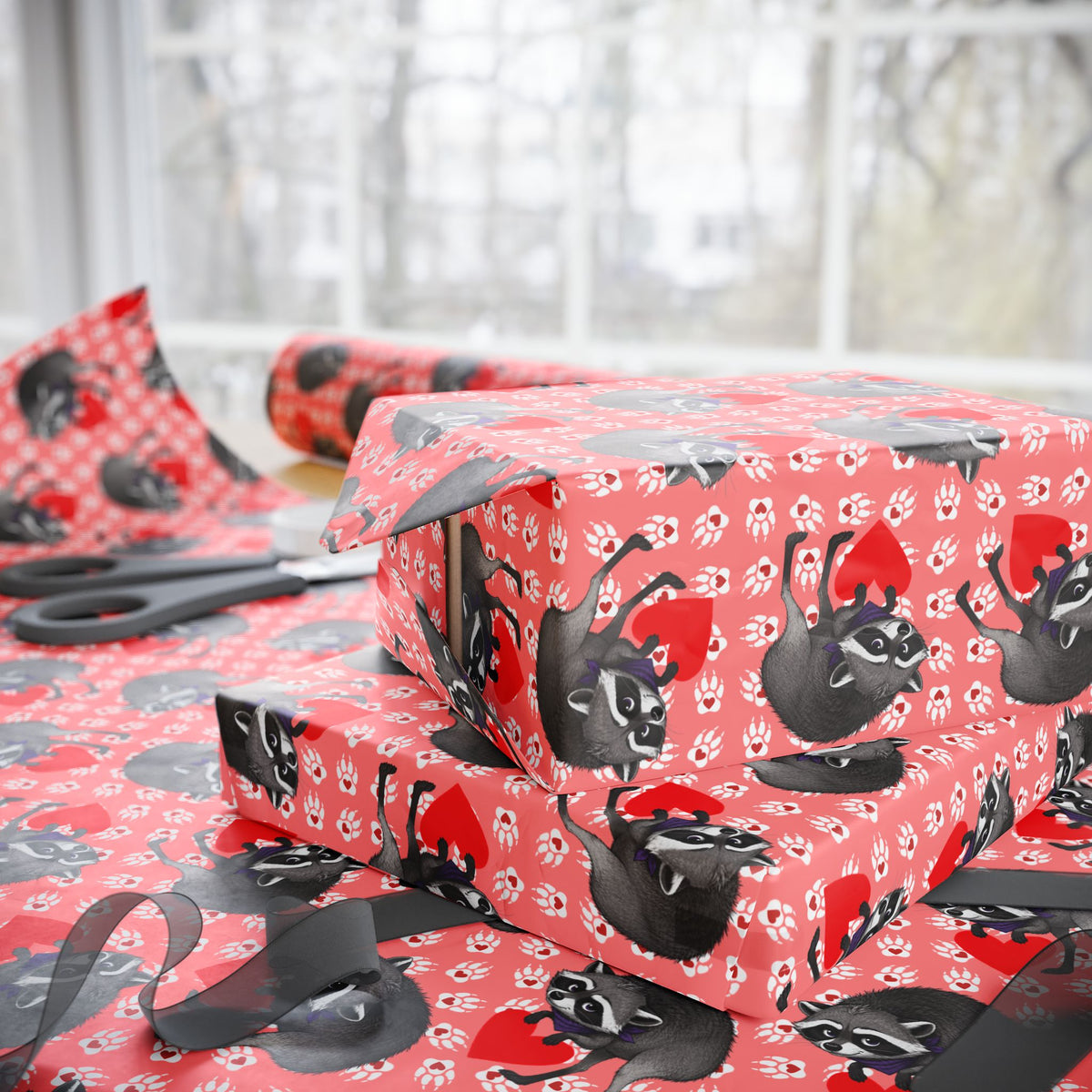 Jimothy's Love & Mischief Gift Wrapping Paper | Raccoon Hearts & Paw Prints