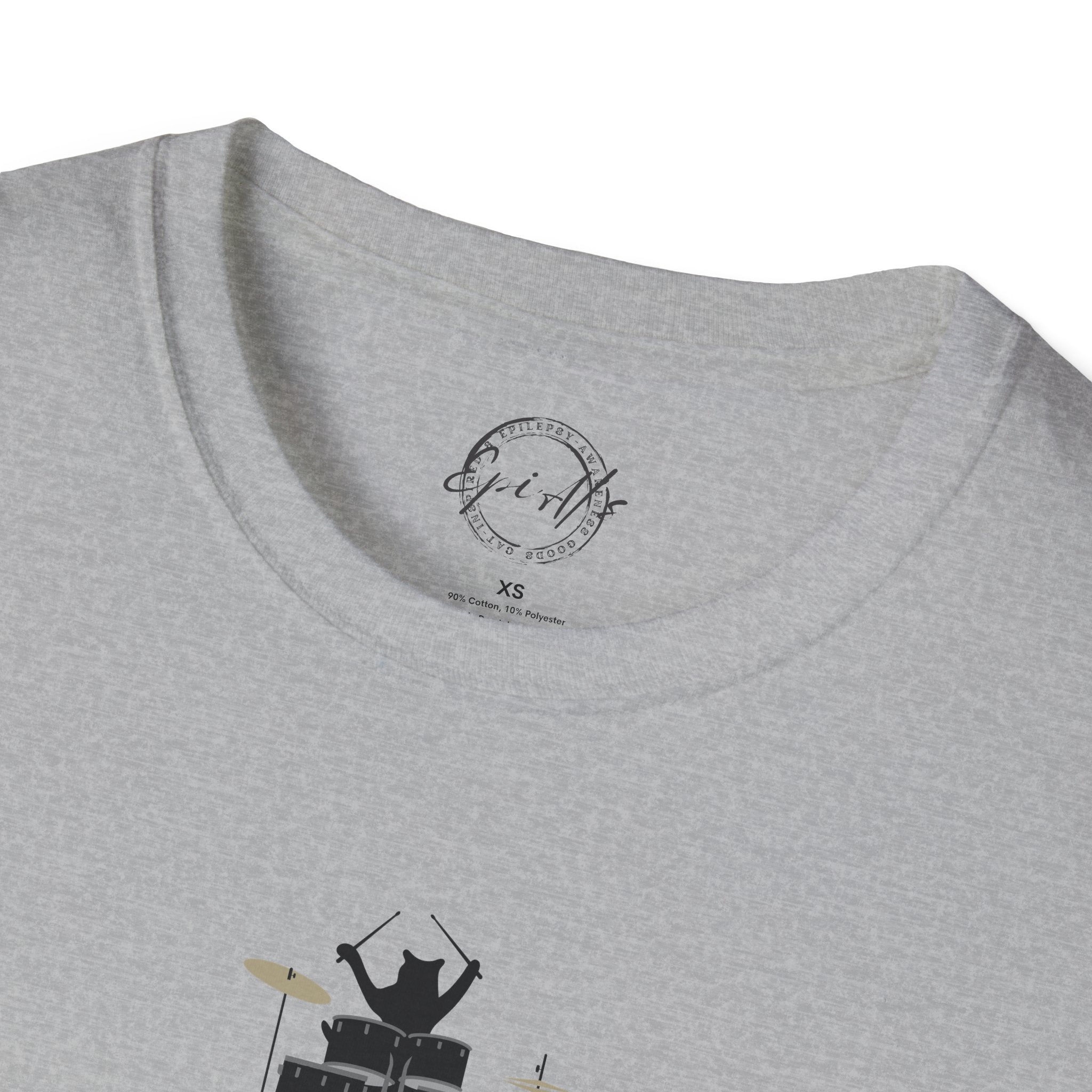 Photo depicting the ​Purrcussionist Unisex Softstyle T-Shirt from EpiAl's Shop.