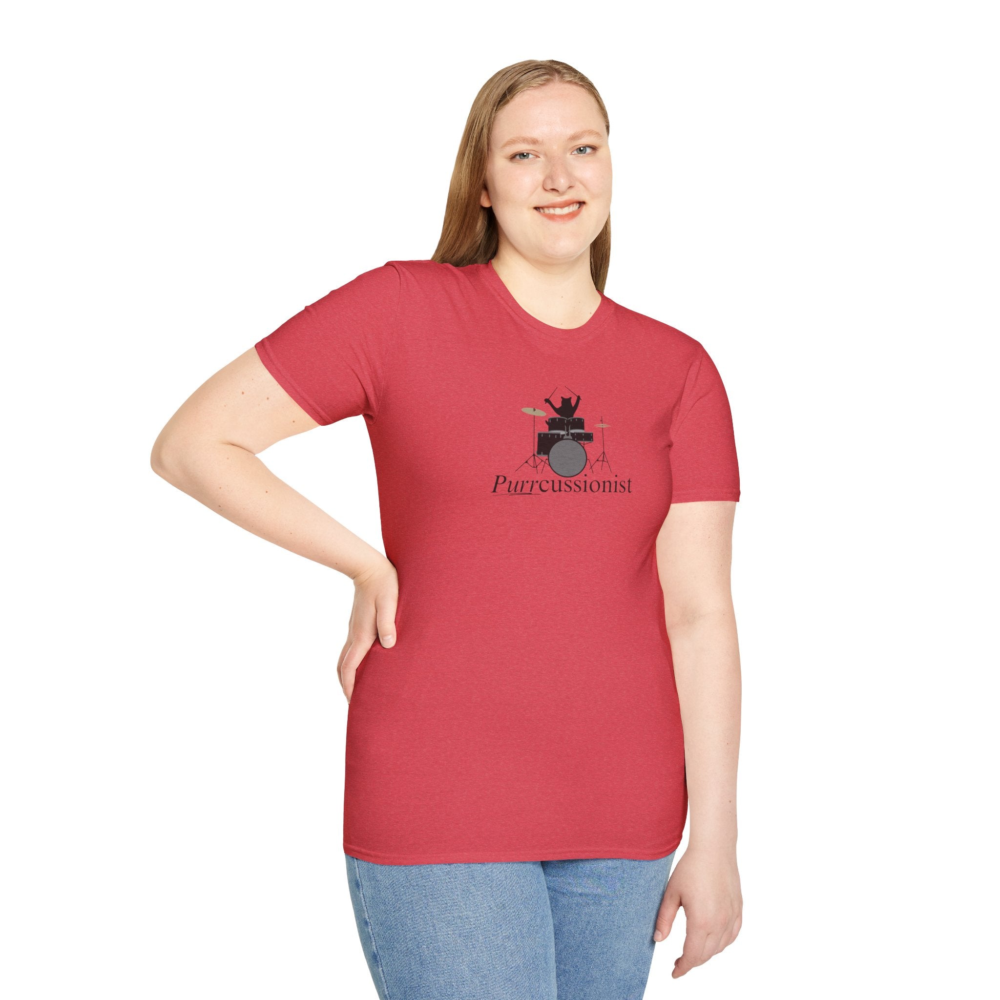 Photo depicting the ​Purrcussionist Unisex Softstyle T-Shirt from EpiAl's Shop.