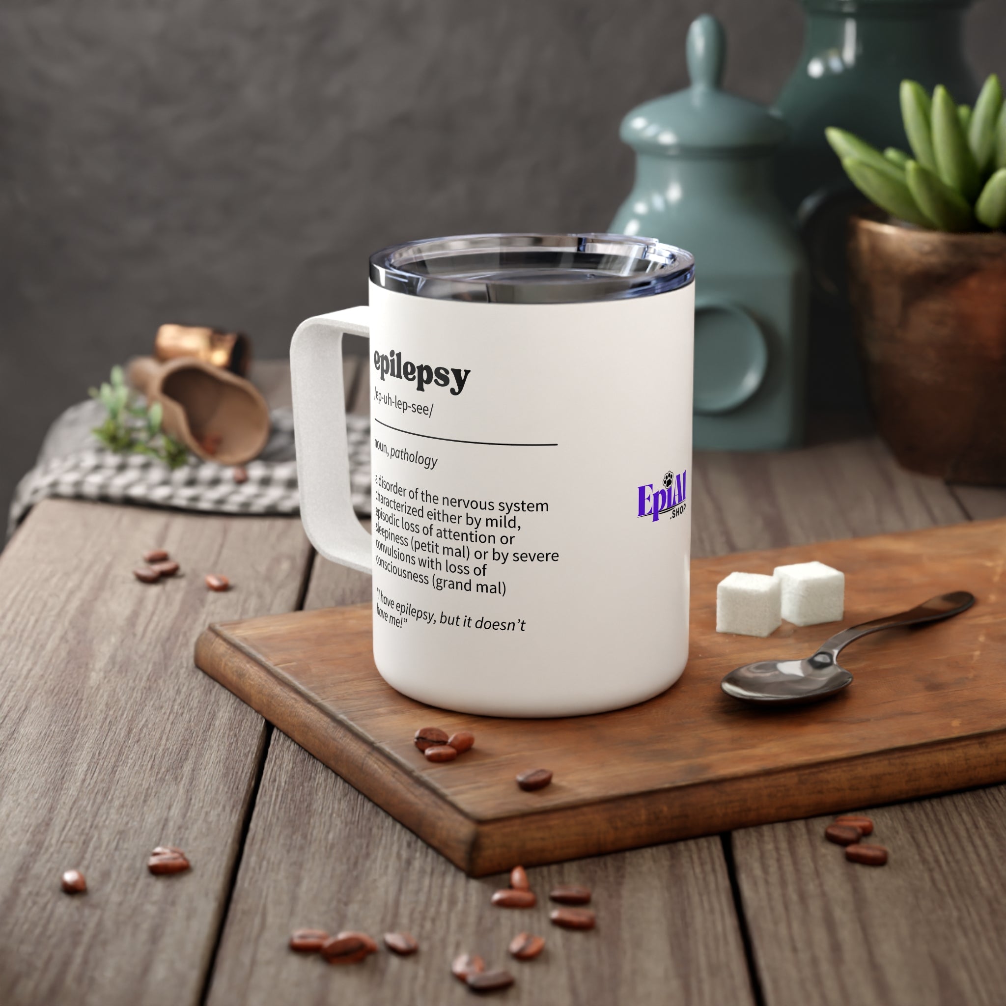 Photo depicting the ​Epilepsy Definition Insulated Coffee Mug, 10oz from EpiAl's Shop.