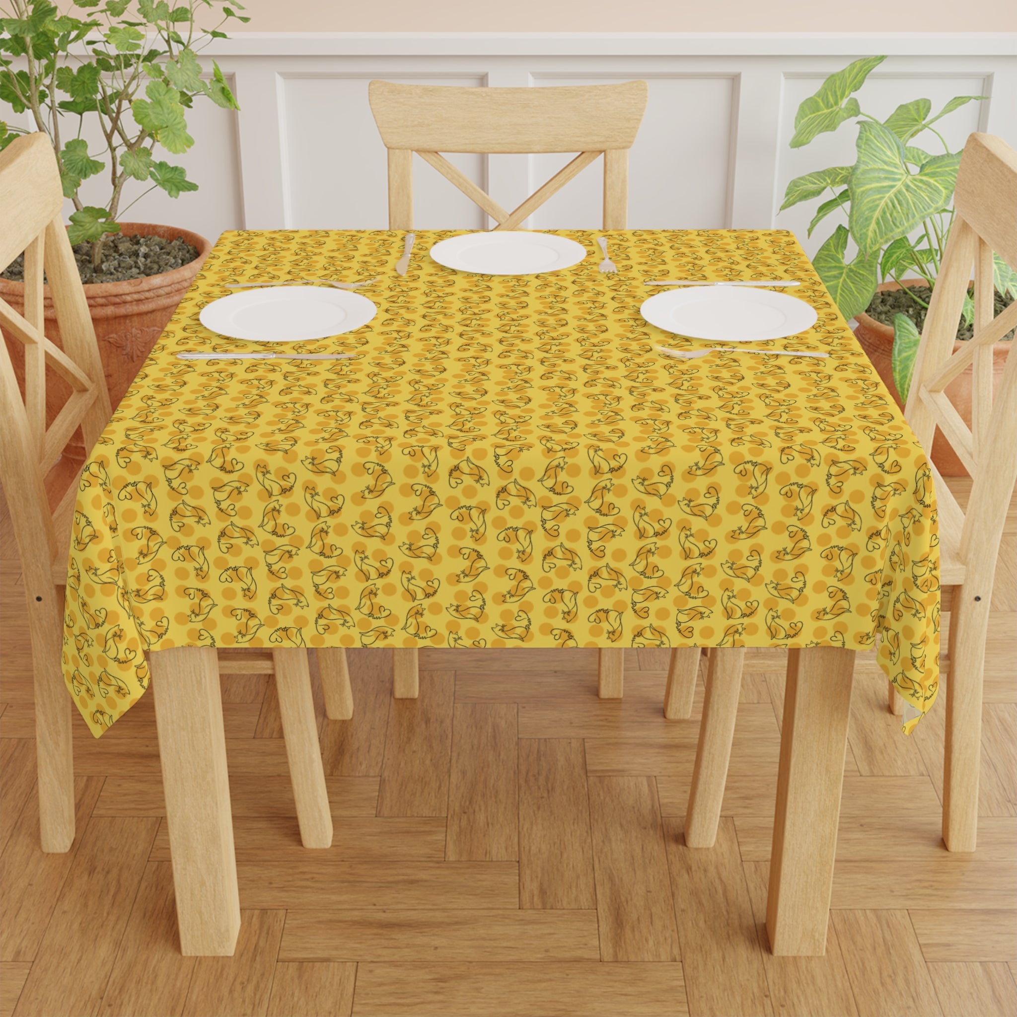 Golden Purr Cat Tablecloth – Minimalist Line Art Polka Dot Design (55" × 55")
