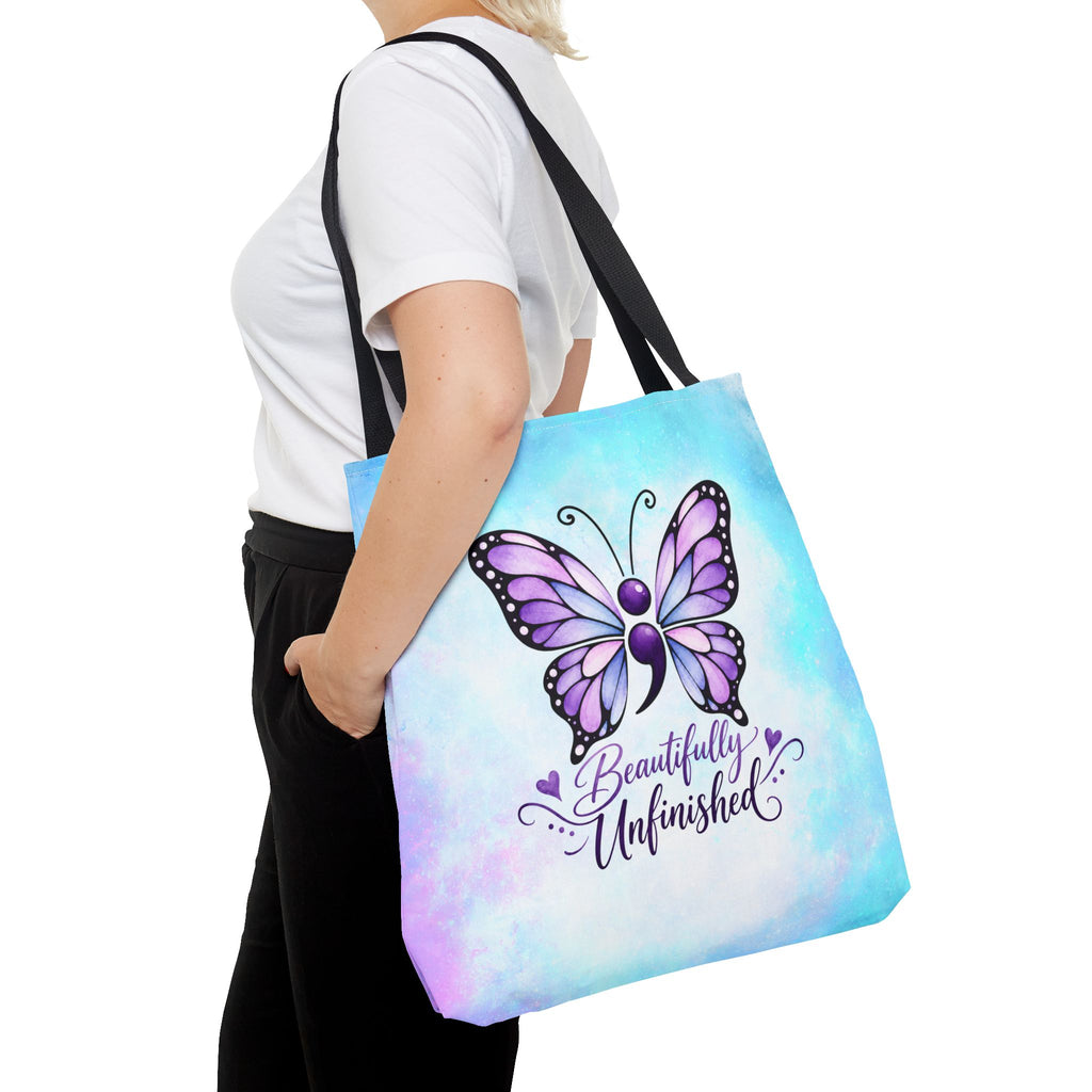 Beautifully Unfinished Semicolon Butterfly Suicide Awareness Tote Bag