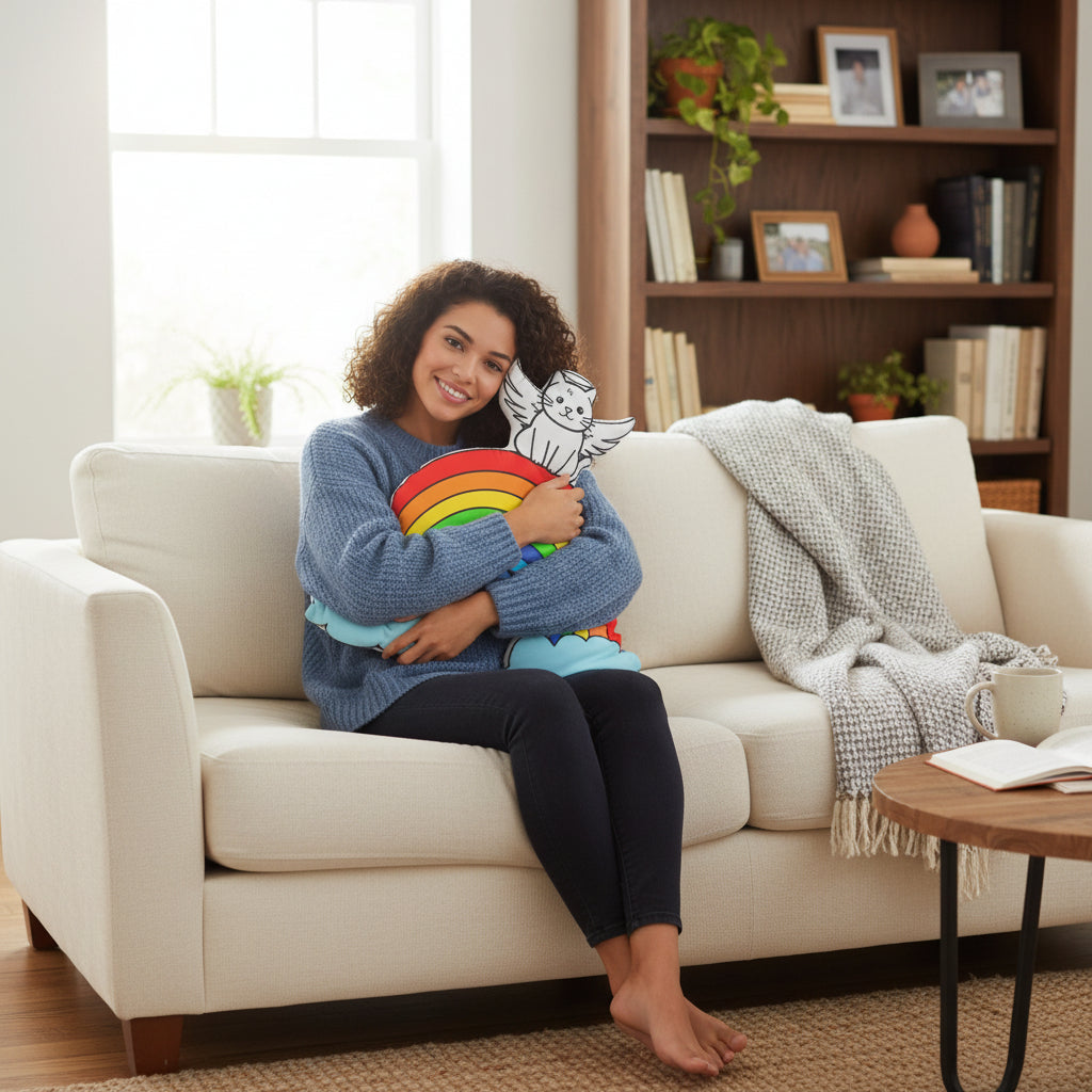 Rainbow Bridge Cat Pillow – Angel Kitty Keepsake Cushion