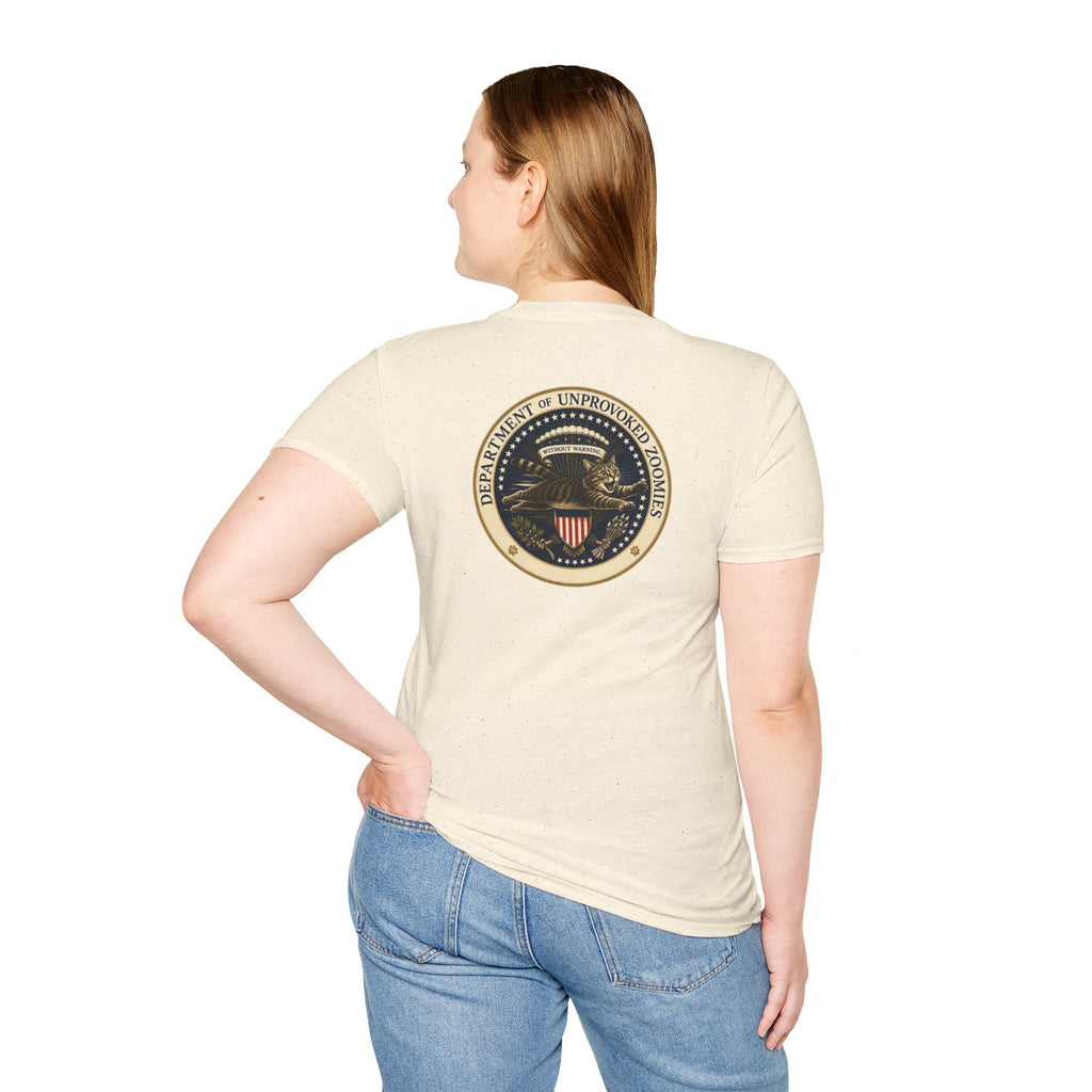 Department of Unprovoked Zoomies Cat T-Shirt | Faux Government Seal Tee