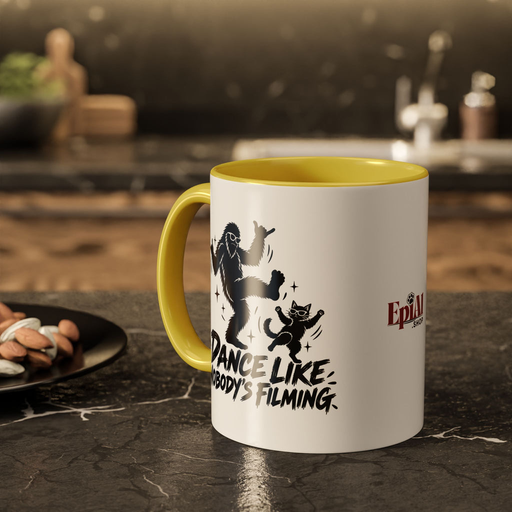 Dance Like Nobody's Filming | Funny Bigfoot & Cat Coffee Mug (11oz/15oz)