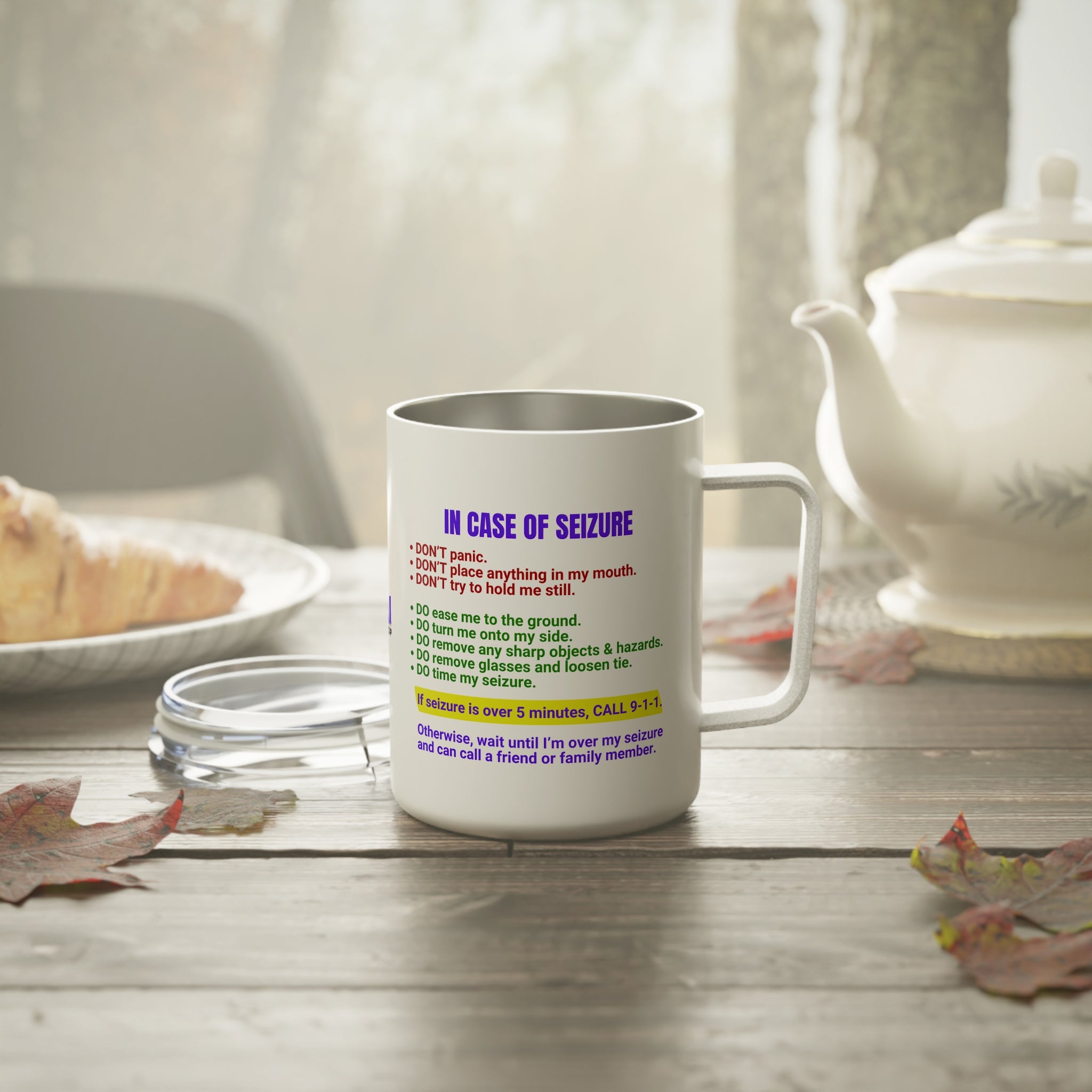 Photo depicting the ​Seizure First Aid Insulated Coffee Mug, 10oz from EpiAl's Shop.