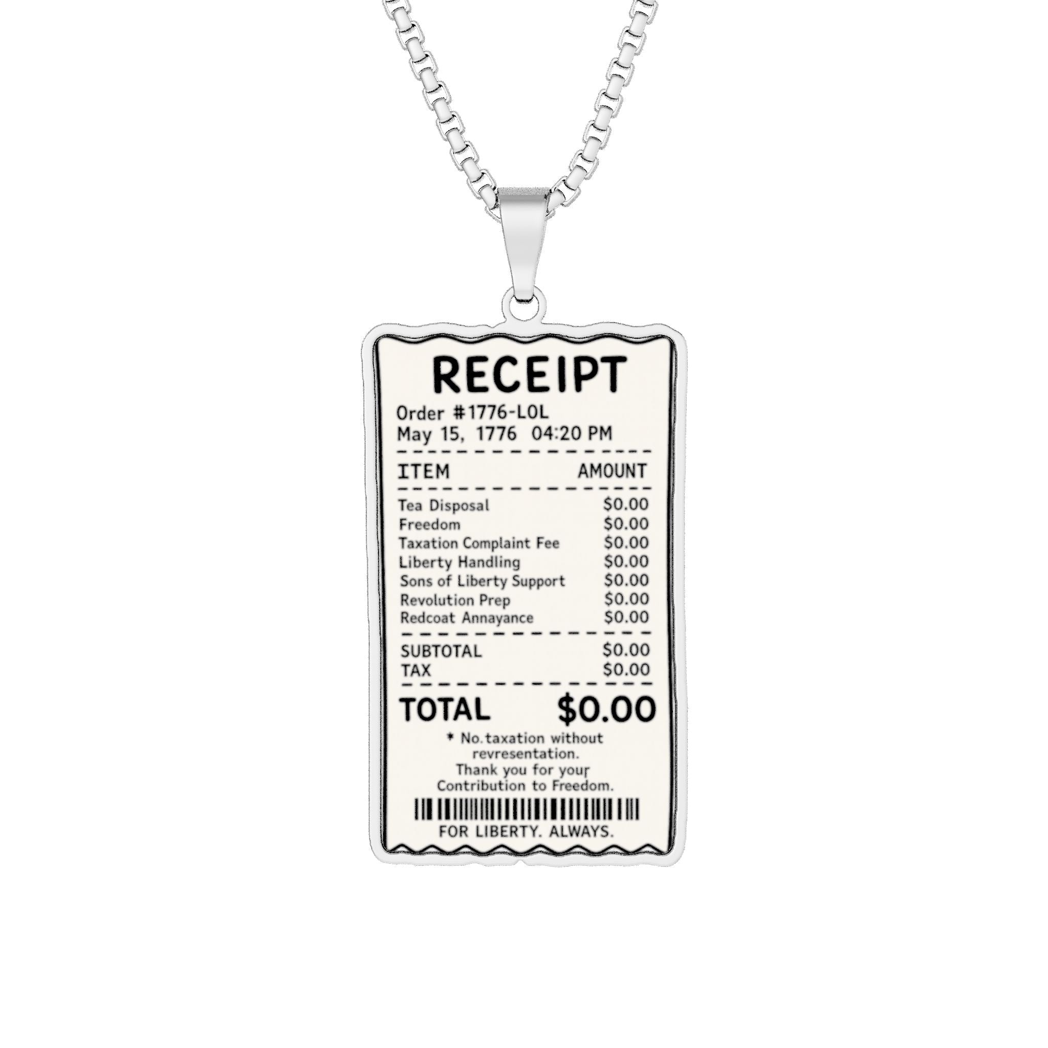 1776 Receipt Necklace | Revolutionary Tea Disposal Pendant