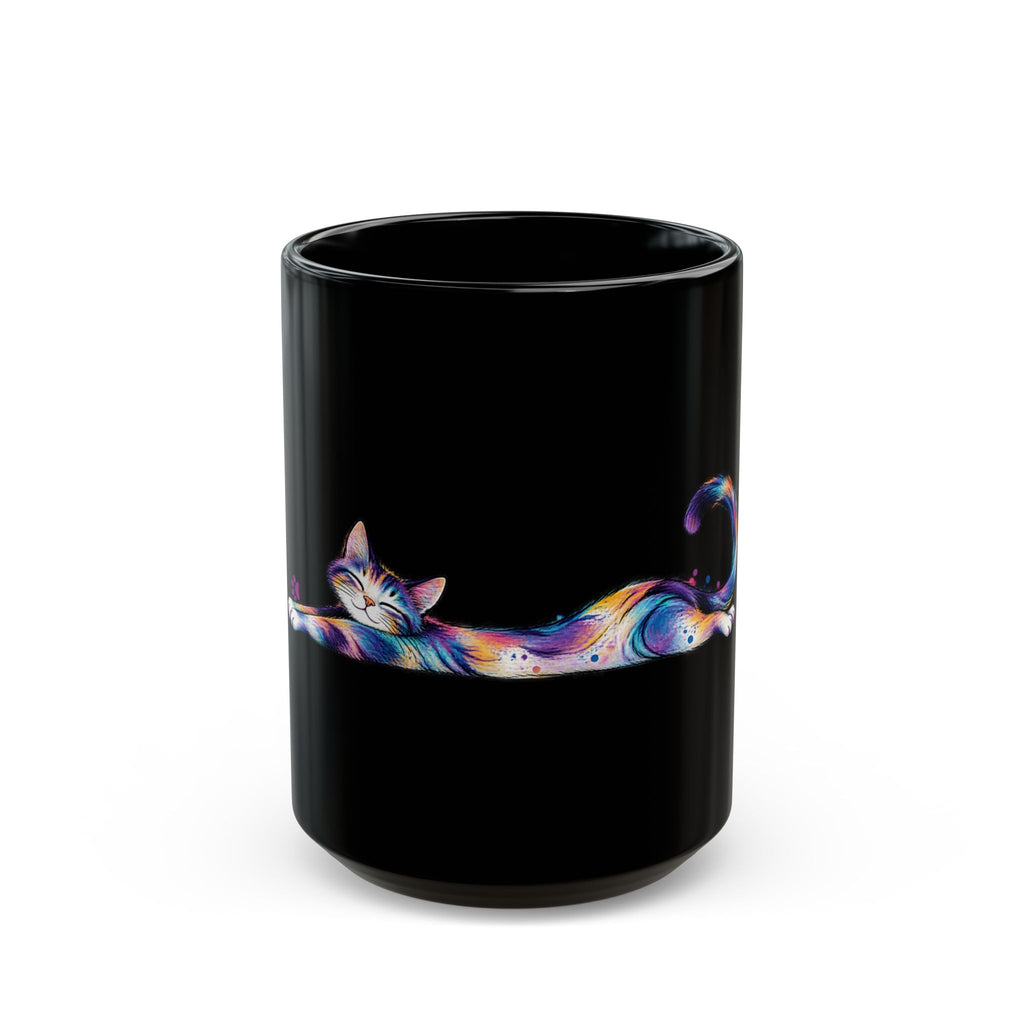 Colorful Stretching Cat Black Ceramic Mug | Whimsical Cat Lover Gift (11oz/15oz)