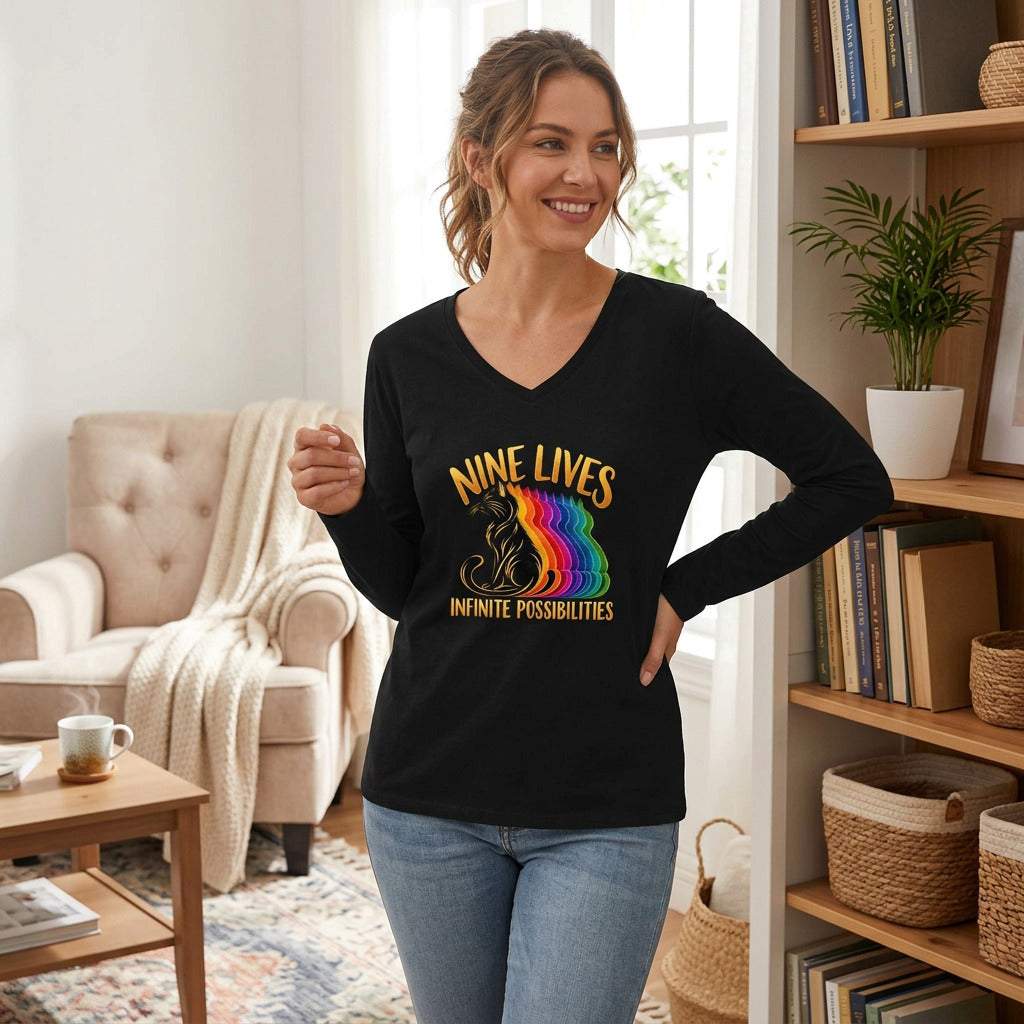 Nine Lives, Infinite Possibilities Women's Long Sleeve V-Neck T-Shirt | Colorful Cat Art