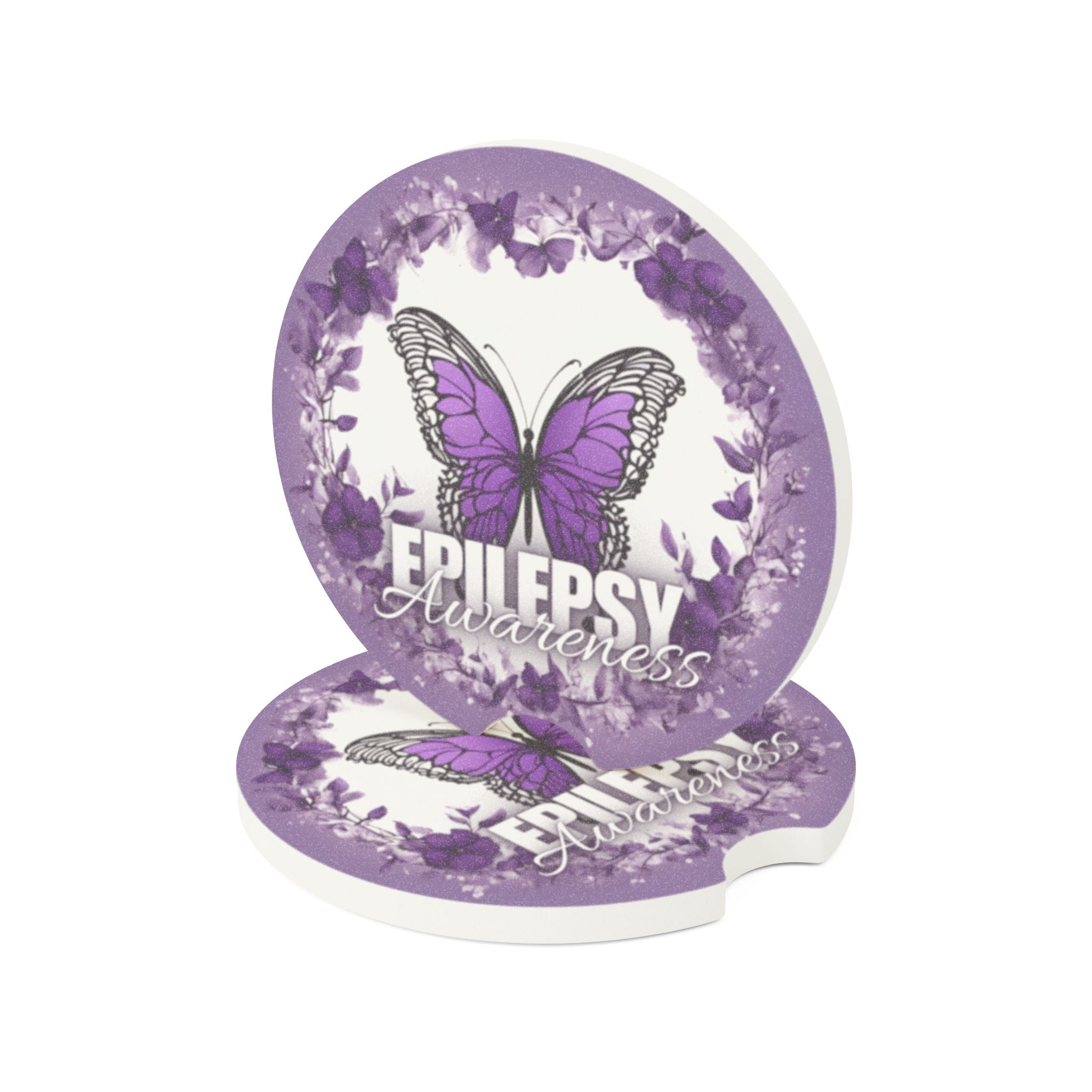 Photo depicting the ​Epilepsy Awareness Butterfly Soapstone Car Coaster from EpiAl's Shop.