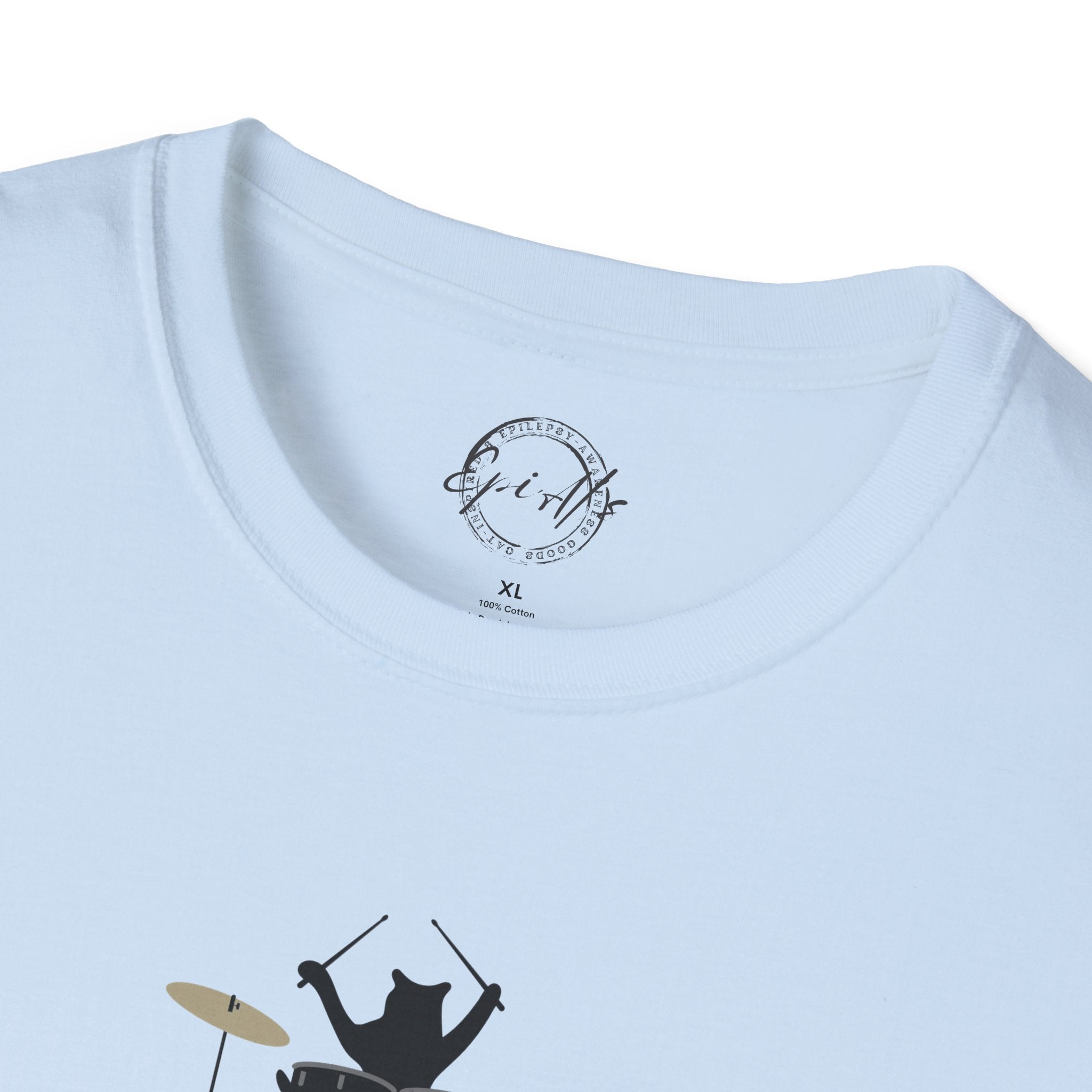 Photo depicting the ​Purrcussionist Unisex Softstyle T-Shirt from EpiAl's Shop.