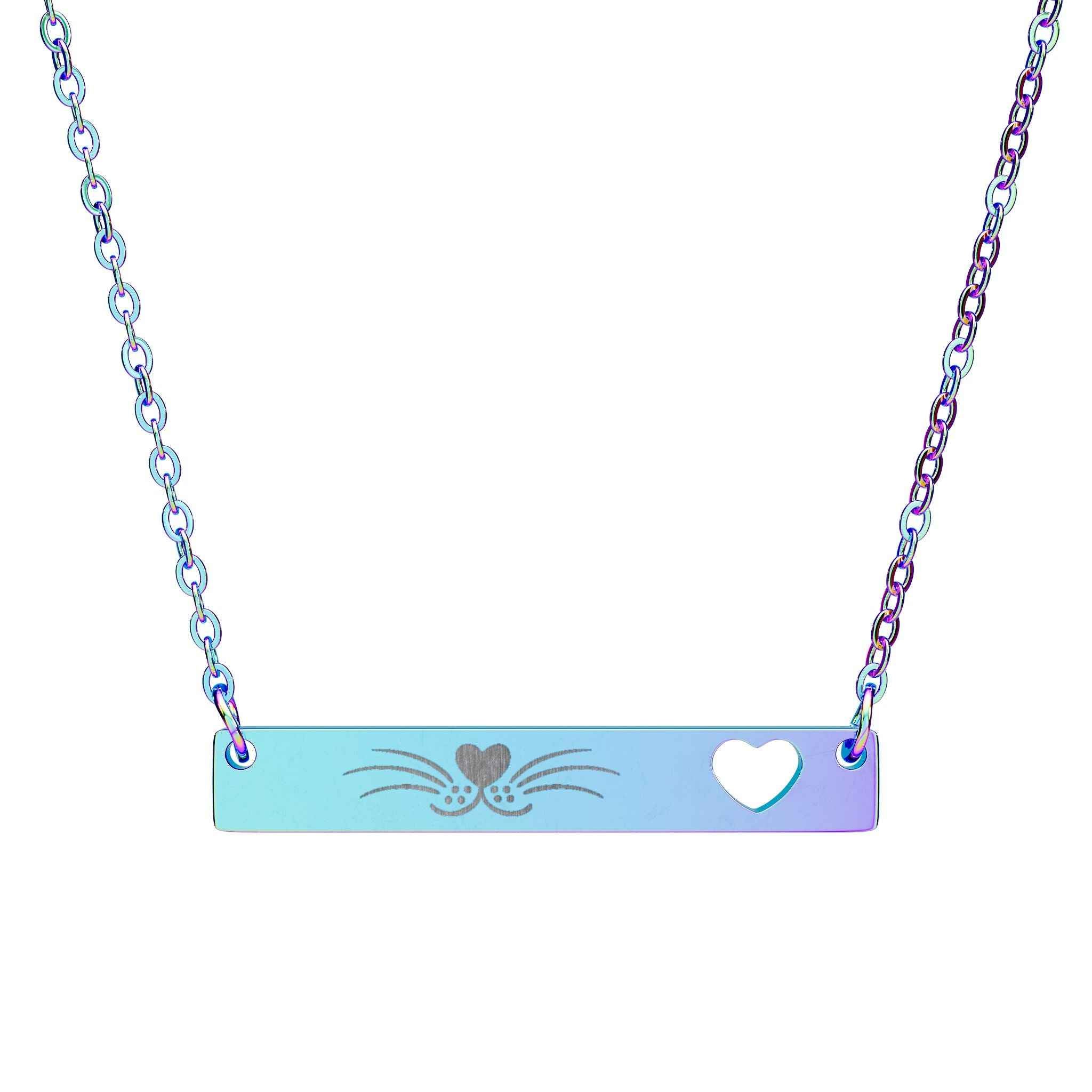 Minimalist Cat Whisker Bar Necklace — Engraved Pendant with Heart Cutout