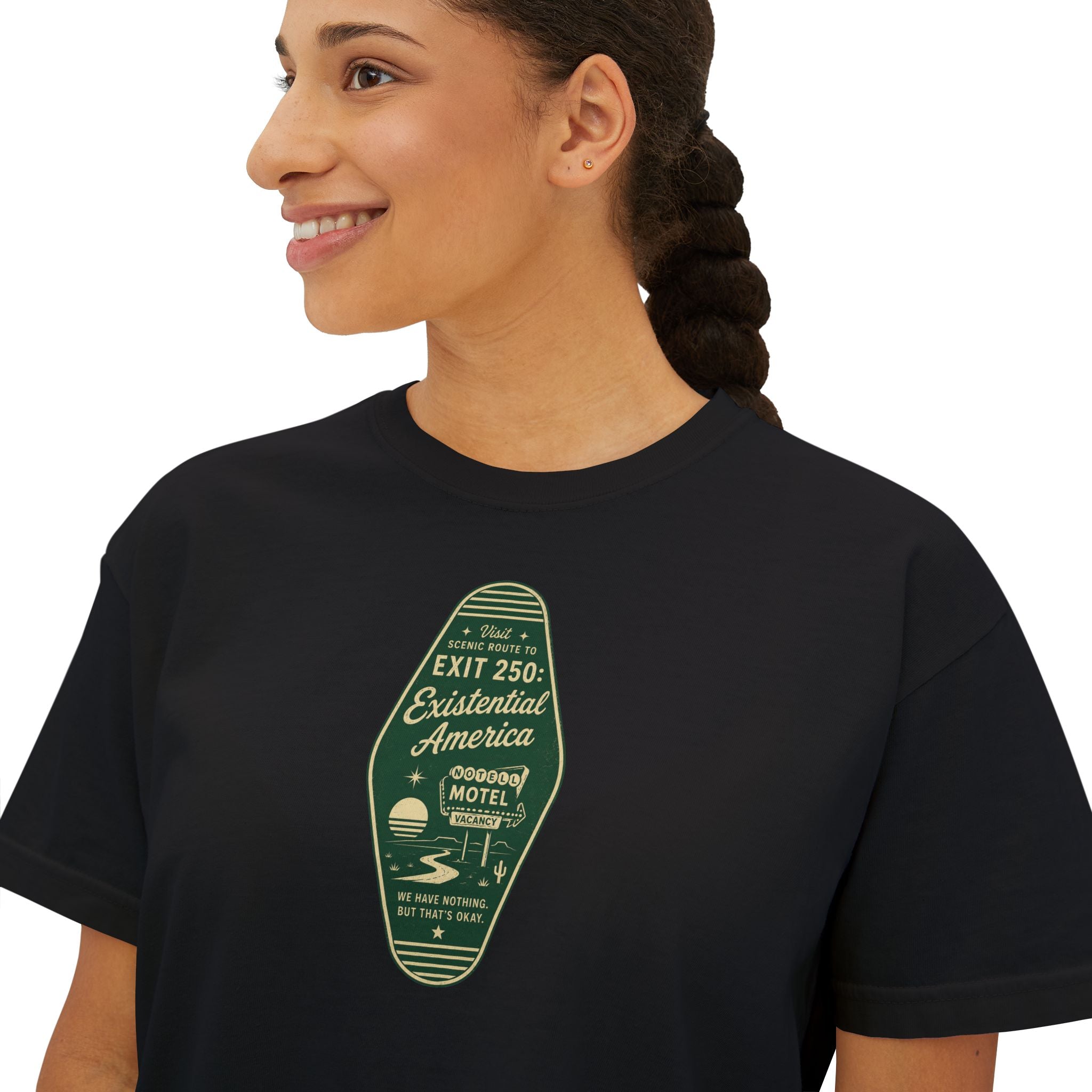 Exit 250 Existential America Cropped T-Shirt | Vintage Motel Graphic Tee