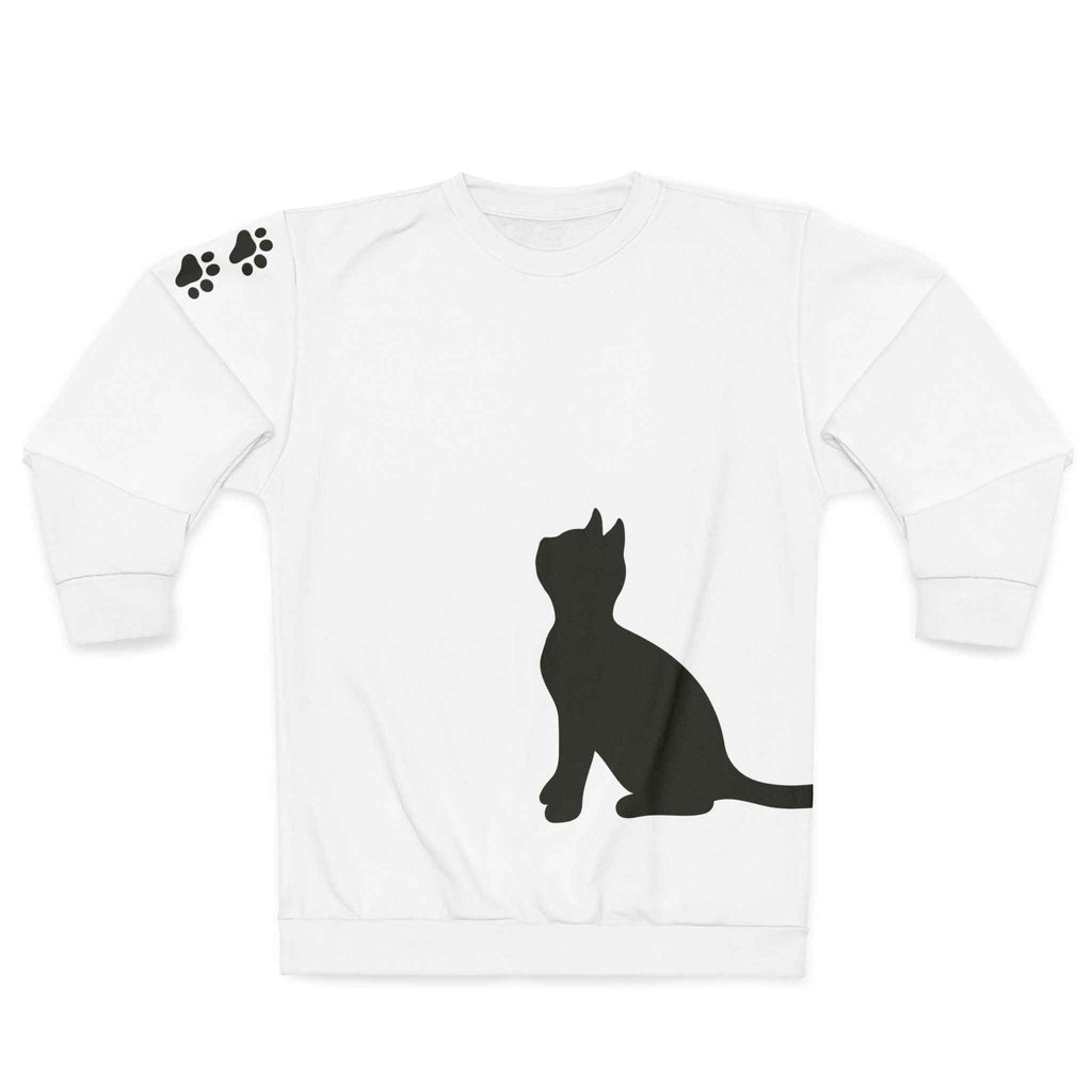 Minimalist Cat Silhouette Crewneck — Dual Black Cats with Paw-Print Sleeve