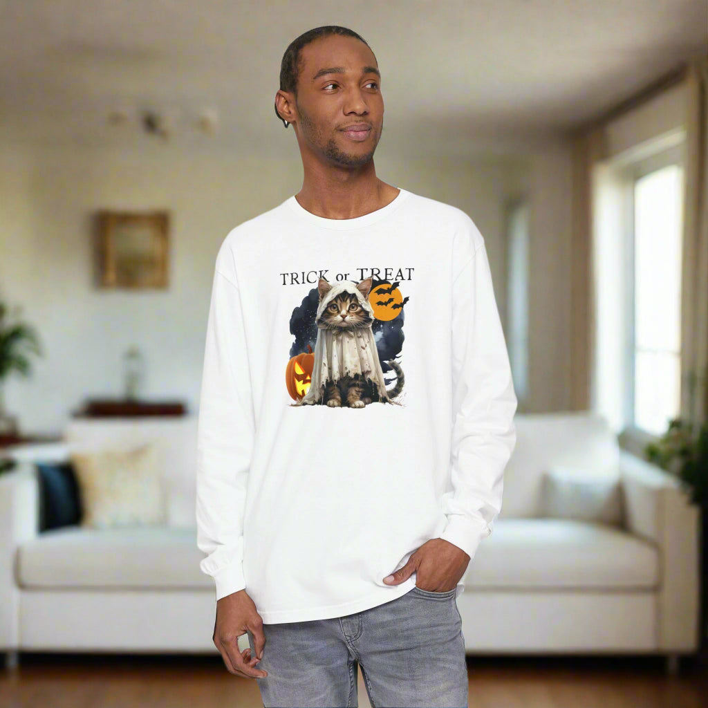 Halloween Cat Long Sleeve Tee, Unisex Spooky Shirt