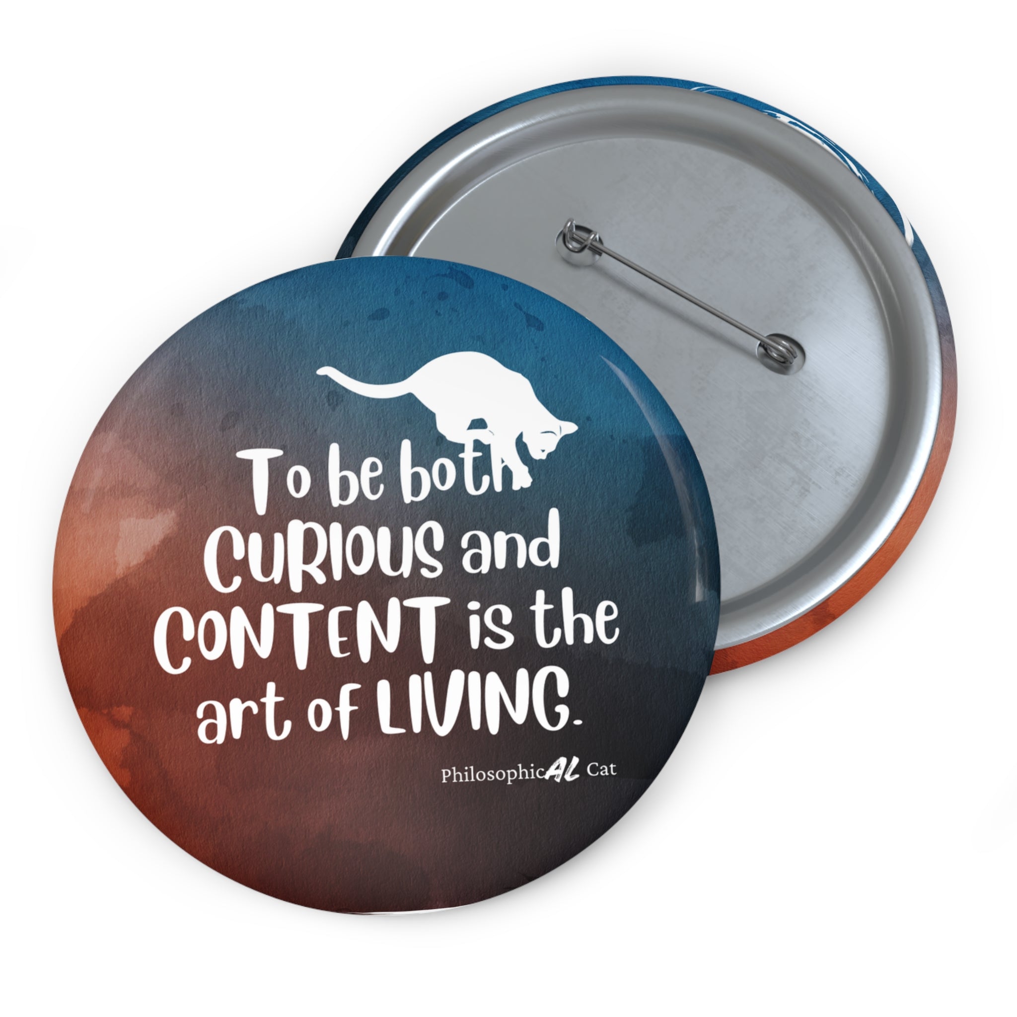 Photo depicting the ​Curious & Content Pin Buttons from EpiAl's Shop.