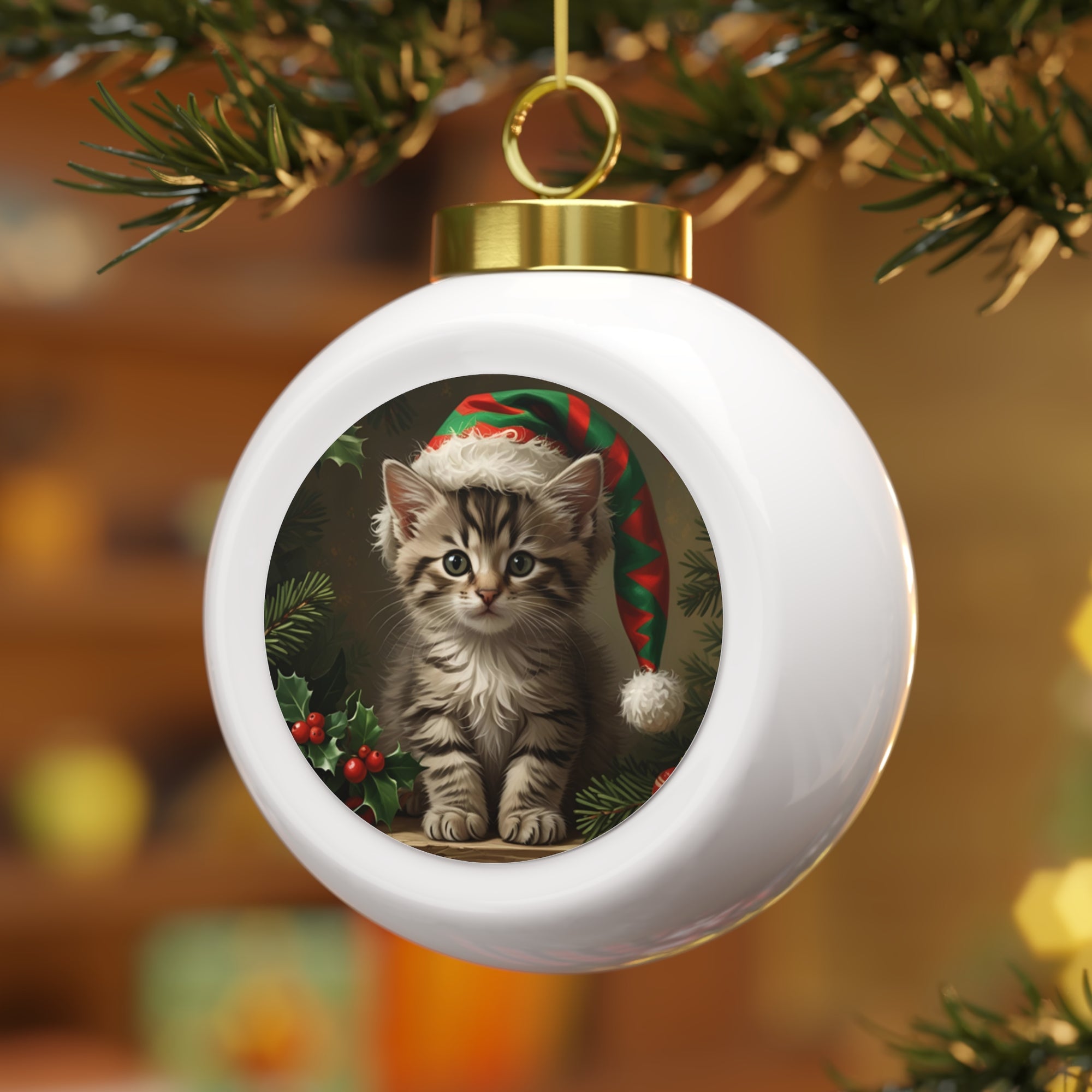 Whimsical Elf Cat Christmas Ball Ornament