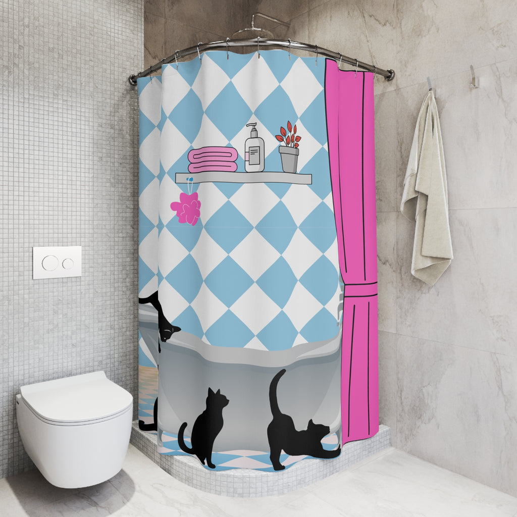 Curiosity in the Clawfoot Cat Shower Curtain