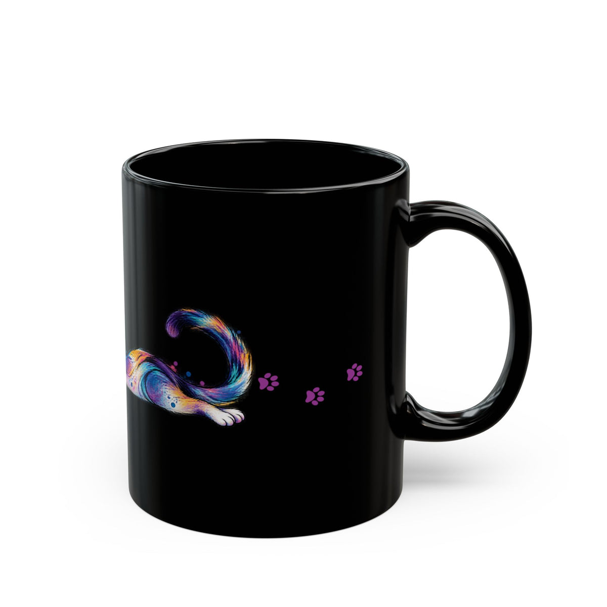 Colorful Stretching Cat Black Ceramic Mug | Whimsical Cat Lover Gift (11oz/15oz)