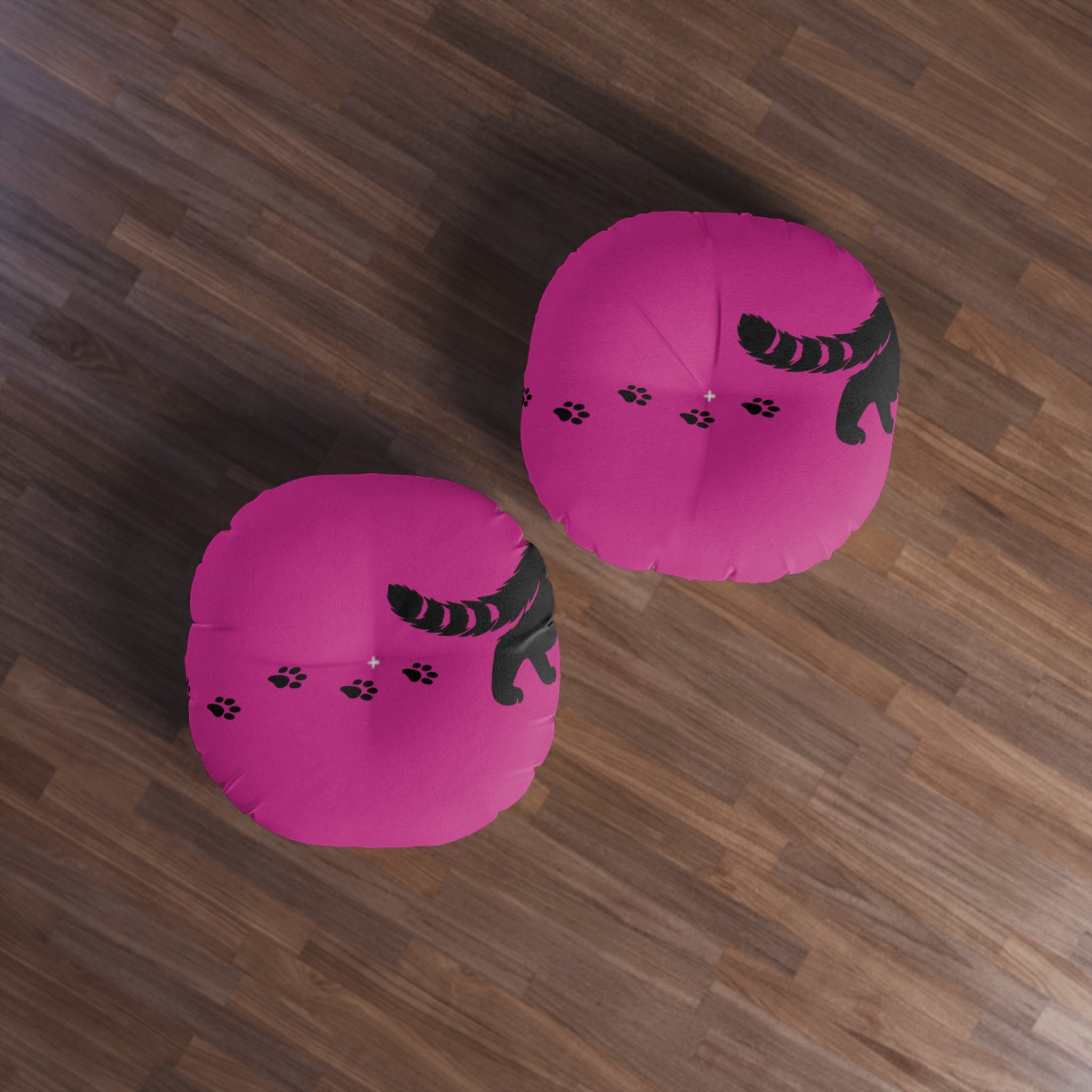 Midnight Cat Walk Round Floor Pillow – Hot Pink Paw Print Cushion (26