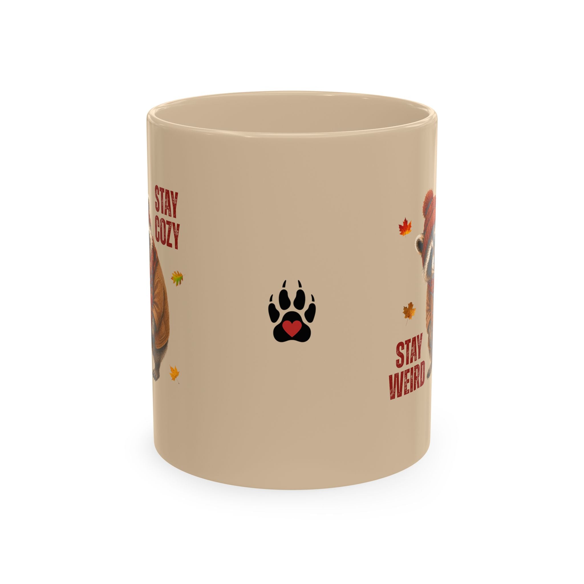 Jimothy “Stay Cozy, Stay Weird” Fall Raccoon Mug, 11 oz