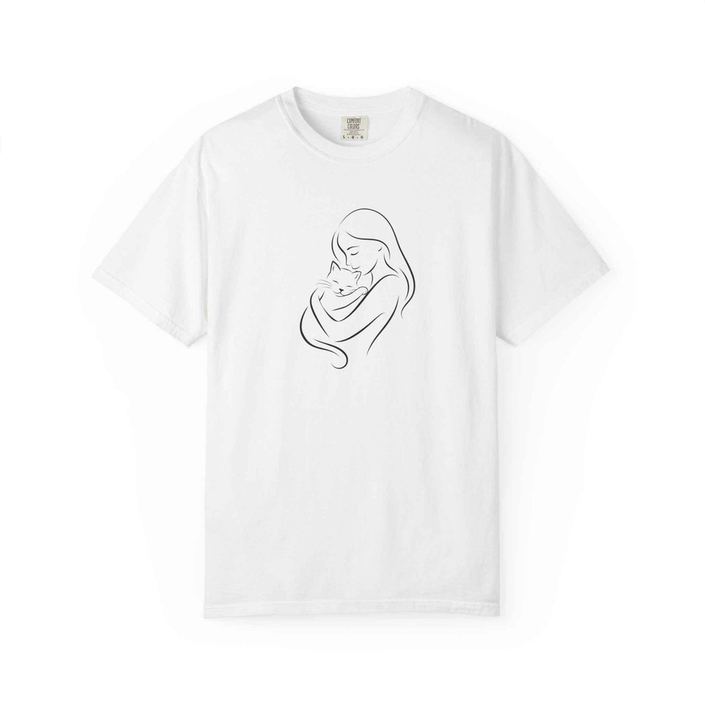 Mother & Cat Embrace T-Shirt | Minimal Line Art Cat Mom Shirt