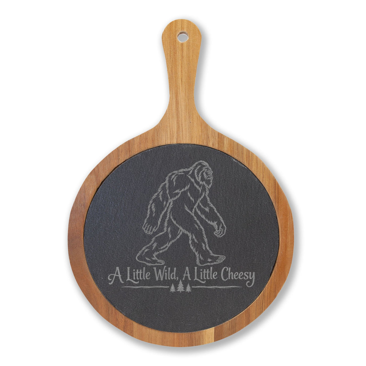 Bigfoot Charcuterie Board | A Little Wild, A Little Cheesy | Engraved Slate & Acacia Wood Cheese Board