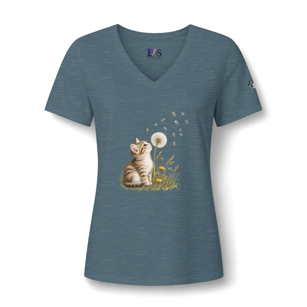 Kitten & Dandelion Women's Relaxed V-Neck T-Shirt | Cat Lover Floral Tee