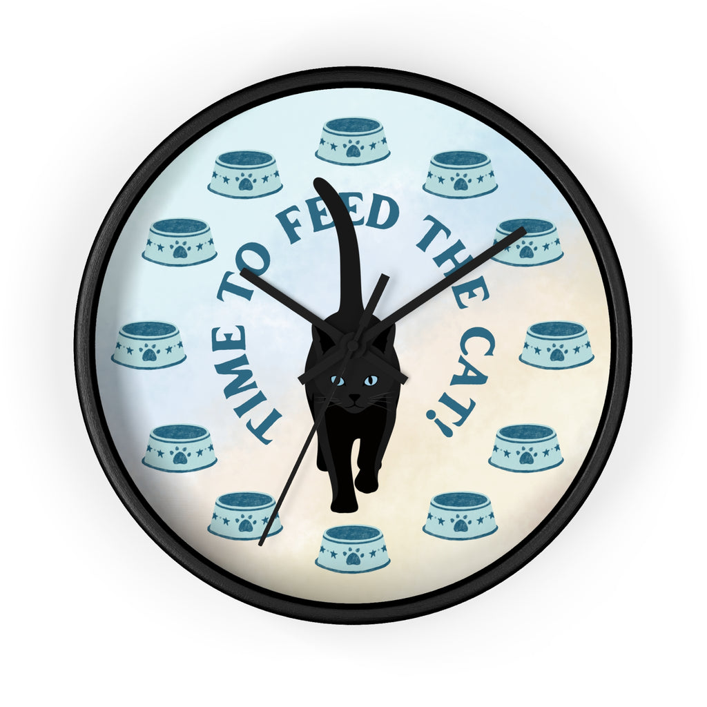 “Time to Feed the Cat!” Round Wall Clock – Black Frame, 10"