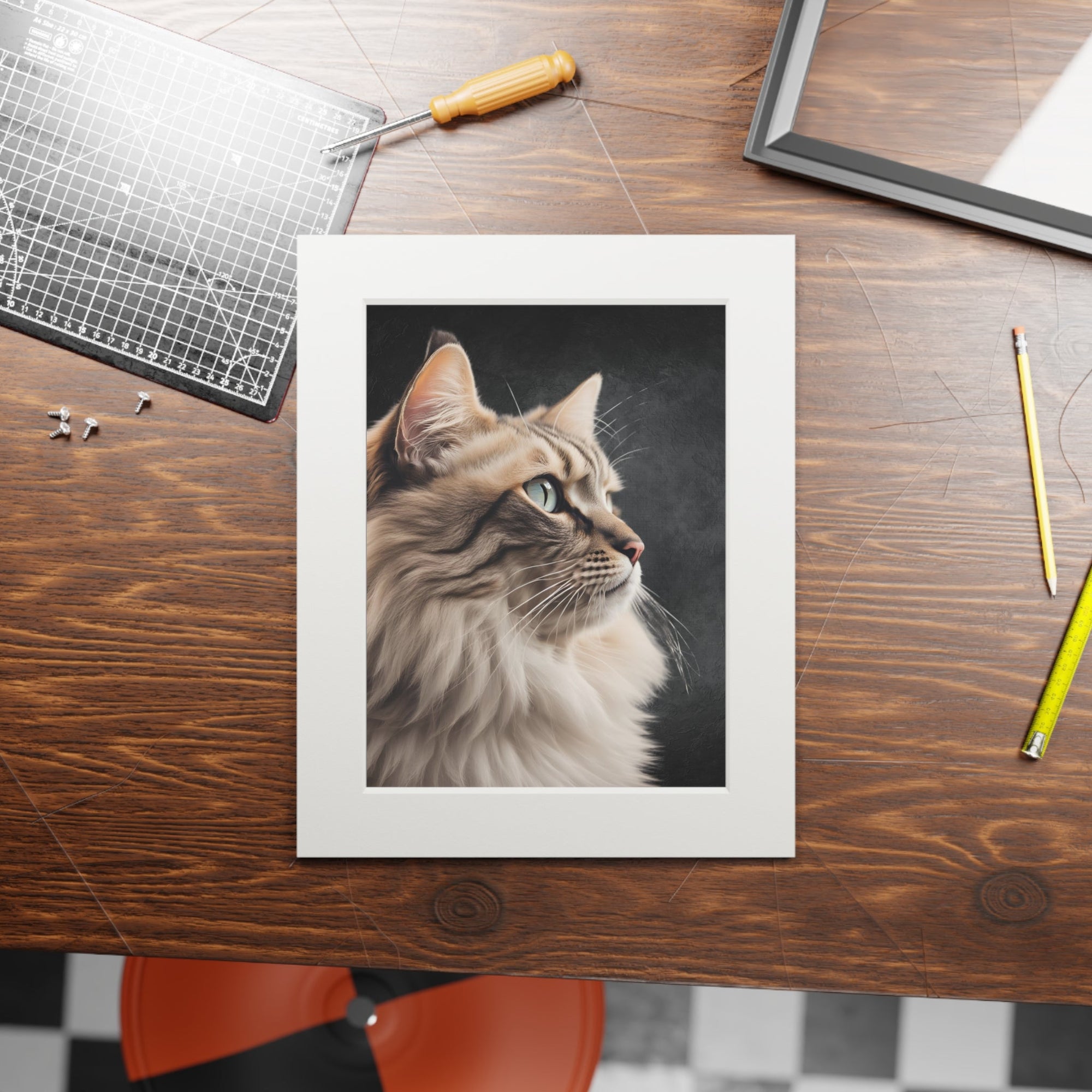 Gray Kitty Fine Art Print with Passepartout Frame Printify