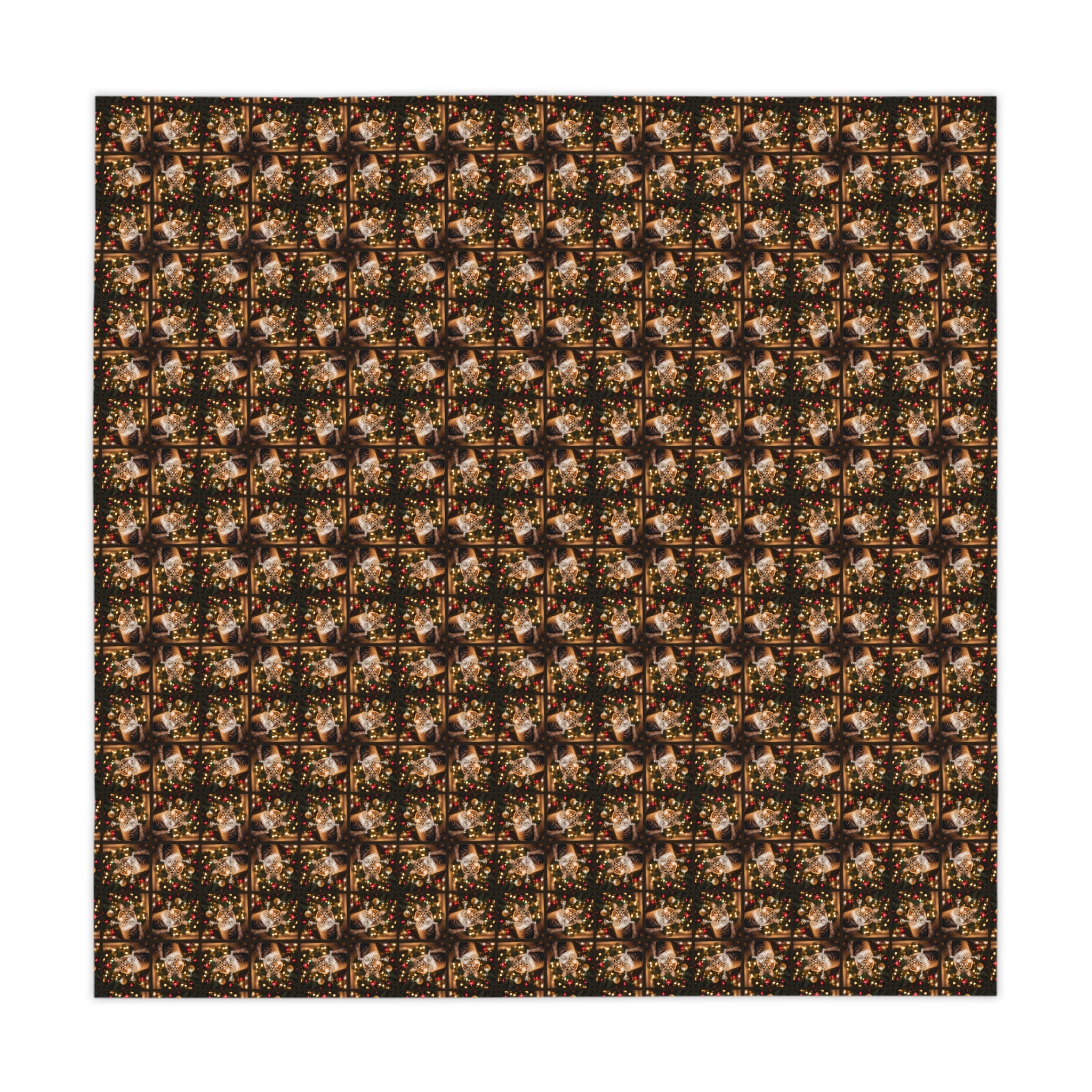 Photo depicting the ​Meowy Christmas Tabby Tablecloth from EpiAl's Shop.
