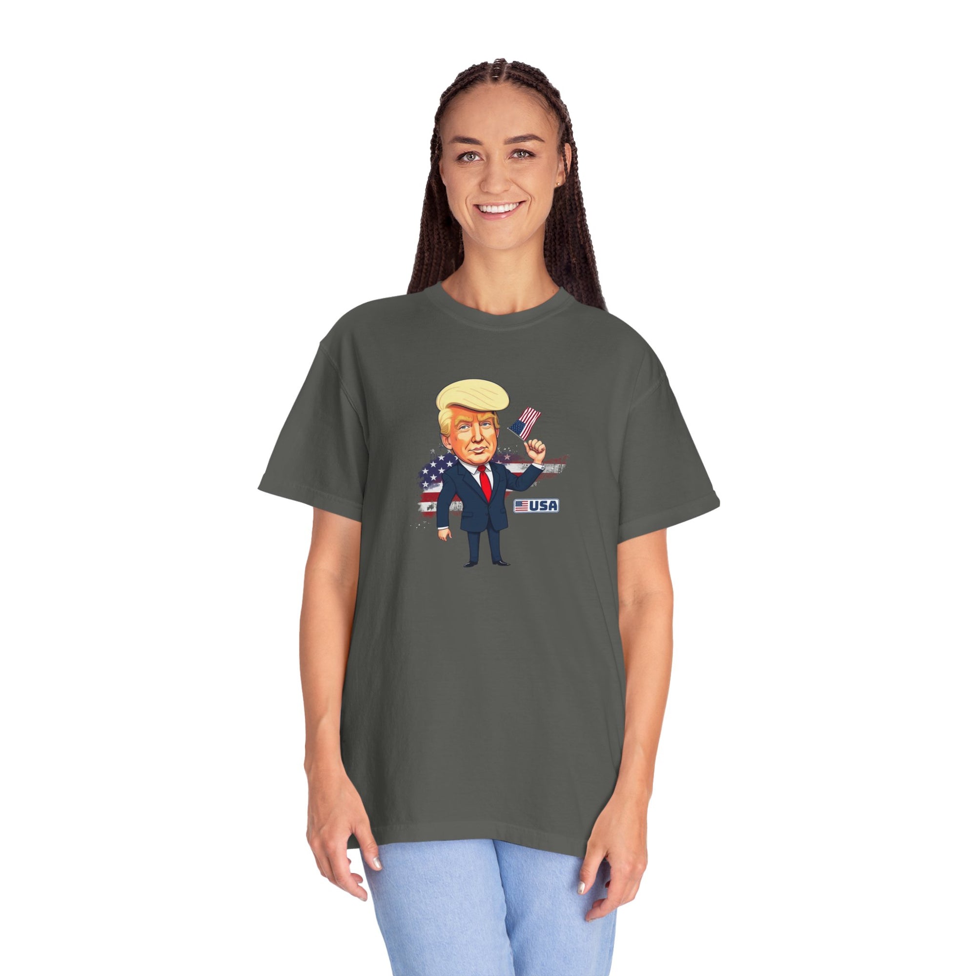 Patriotic Cartoon T-Shirt - Unisex Garment-Dyed Tee with Trump Design