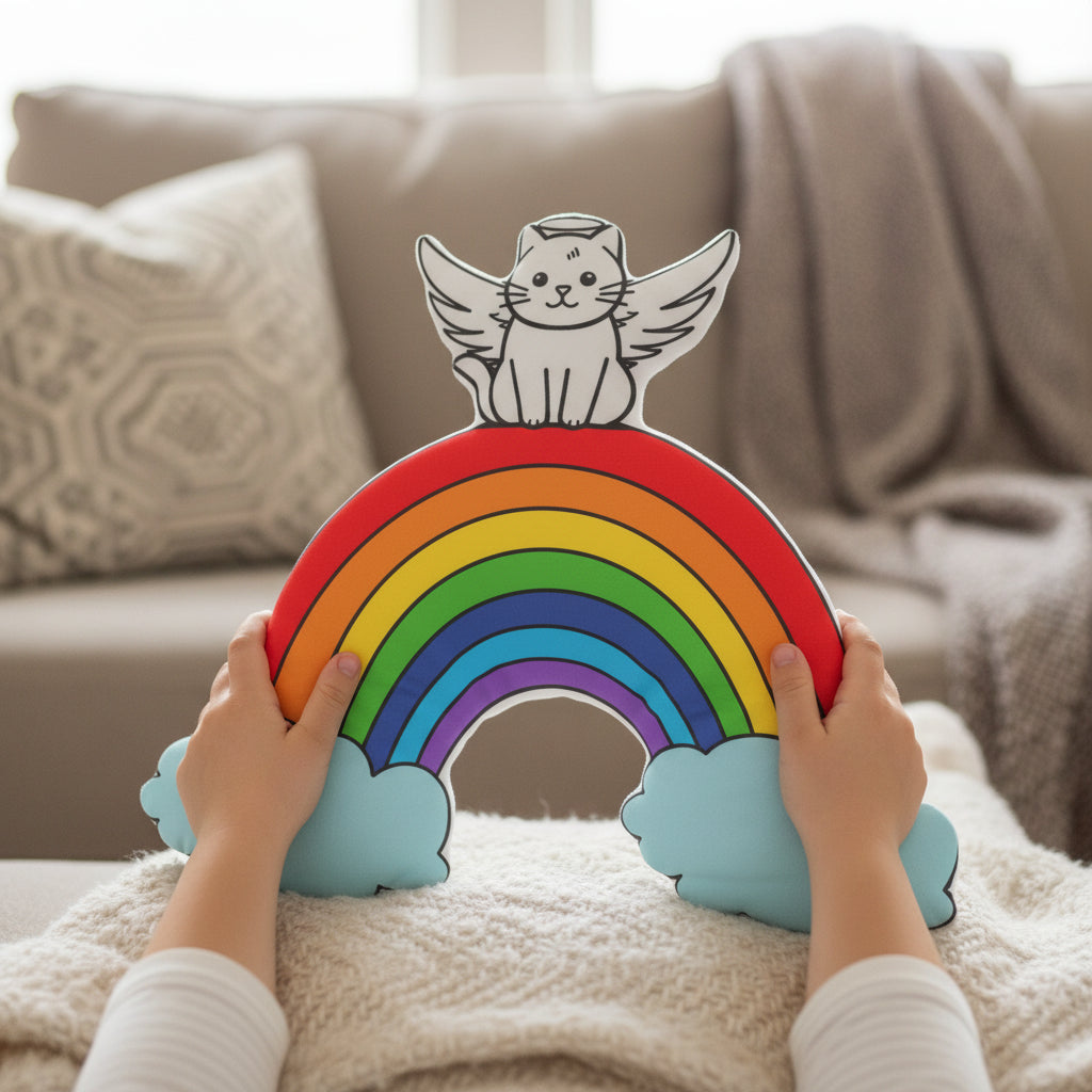Rainbow Bridge Cat Pillow – Angel Kitty Keepsake Cushion