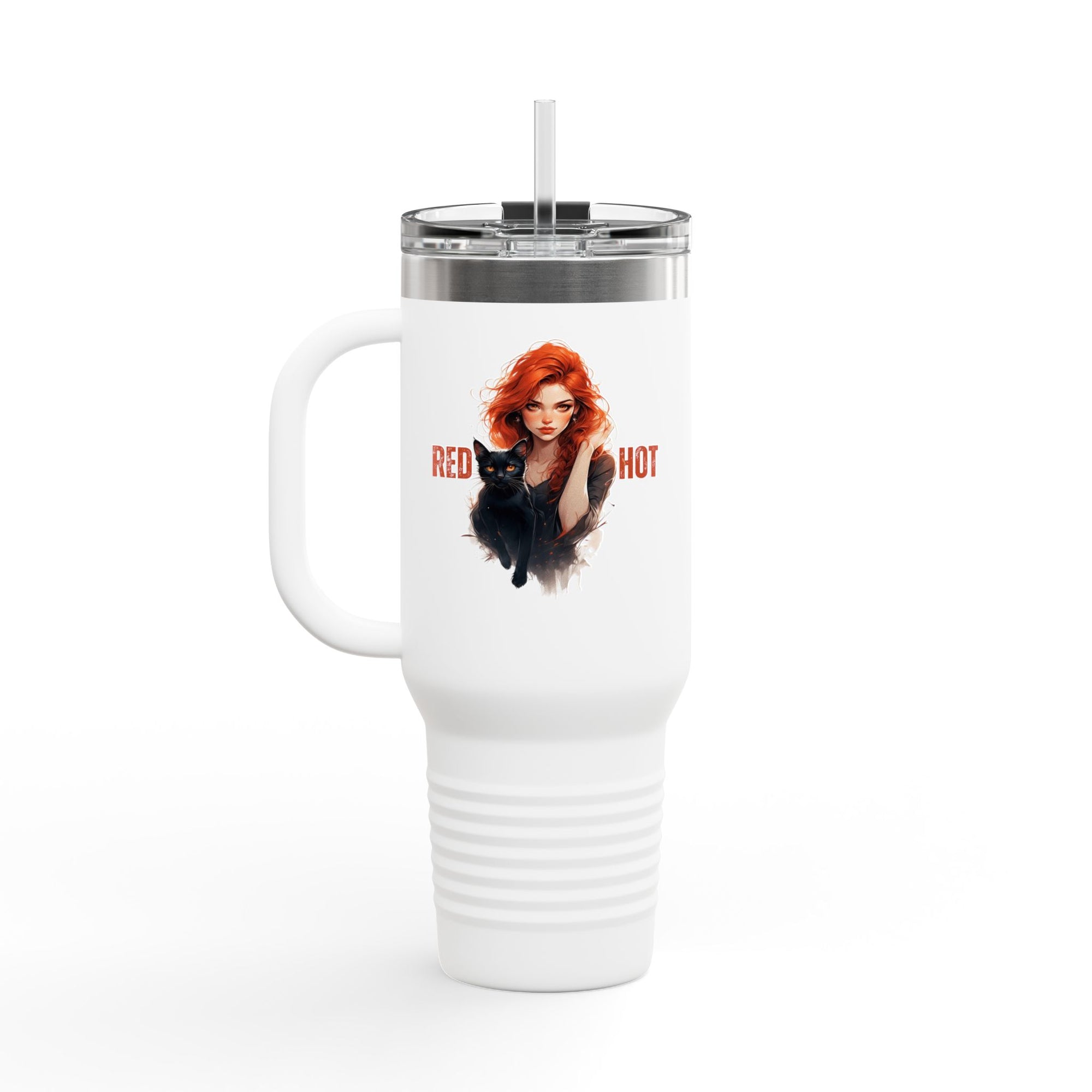 Insulated Travel Mug, Red Hot Vibes, 40oz Coffee Travel Tumbler for Cat Lovers