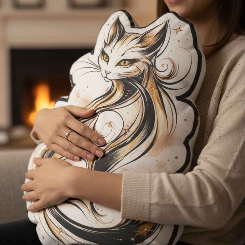 Fancy Cat Abstract Line Art Shaped Pillow
